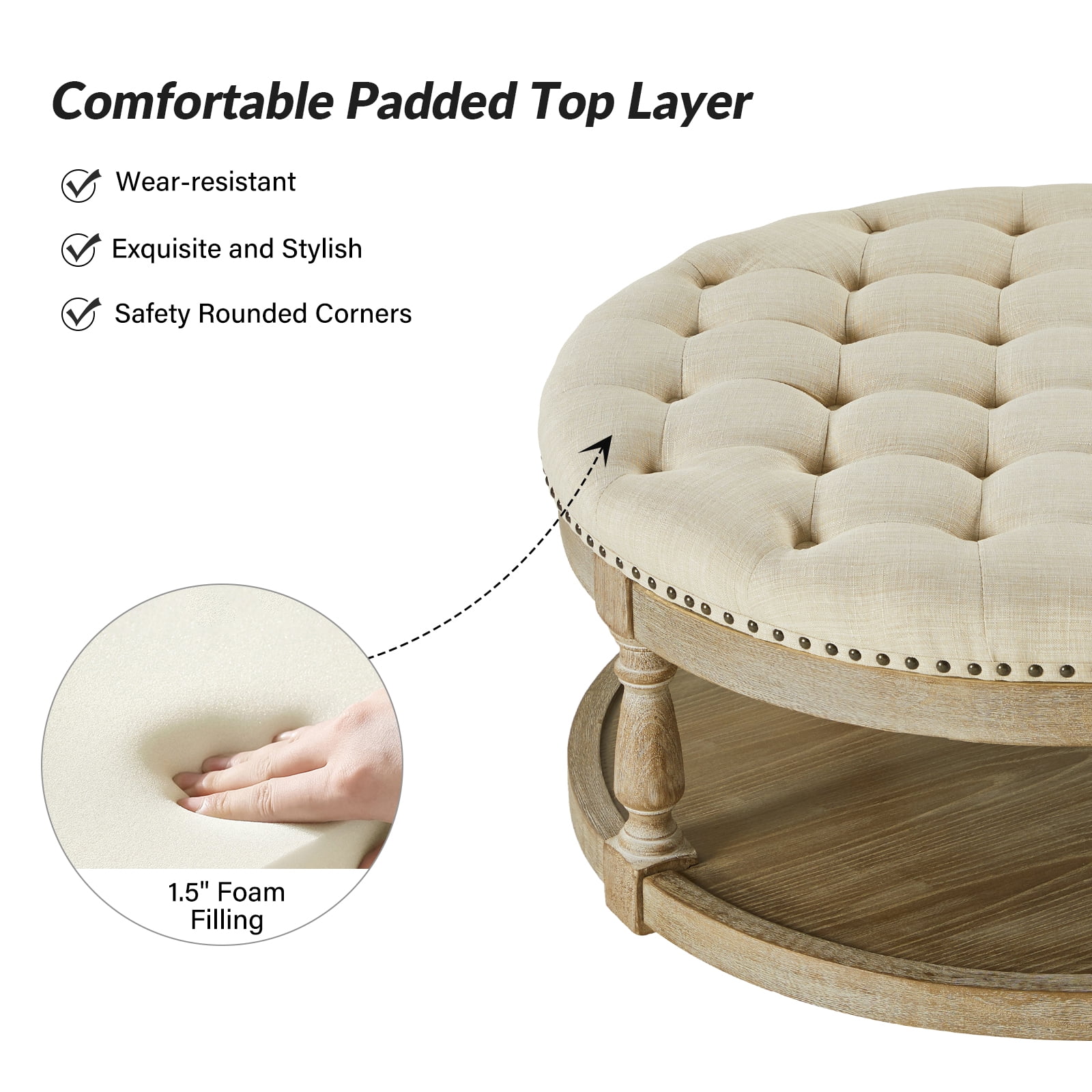 36'' Wide Blue Round Large Ottoman Tufted Coffee Table with Storage Wood Legs Home Living Room