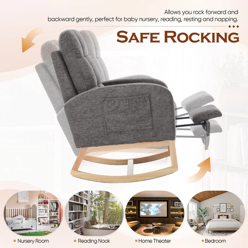FFH Rocking Chair Nursery, Tufted Accent Rocker Chair, Upholstered Armchair with Adjustable Footrest, Side Pocket, High Backrest, Padded Seat, Polyester Blend (Retro, Dark Gray)