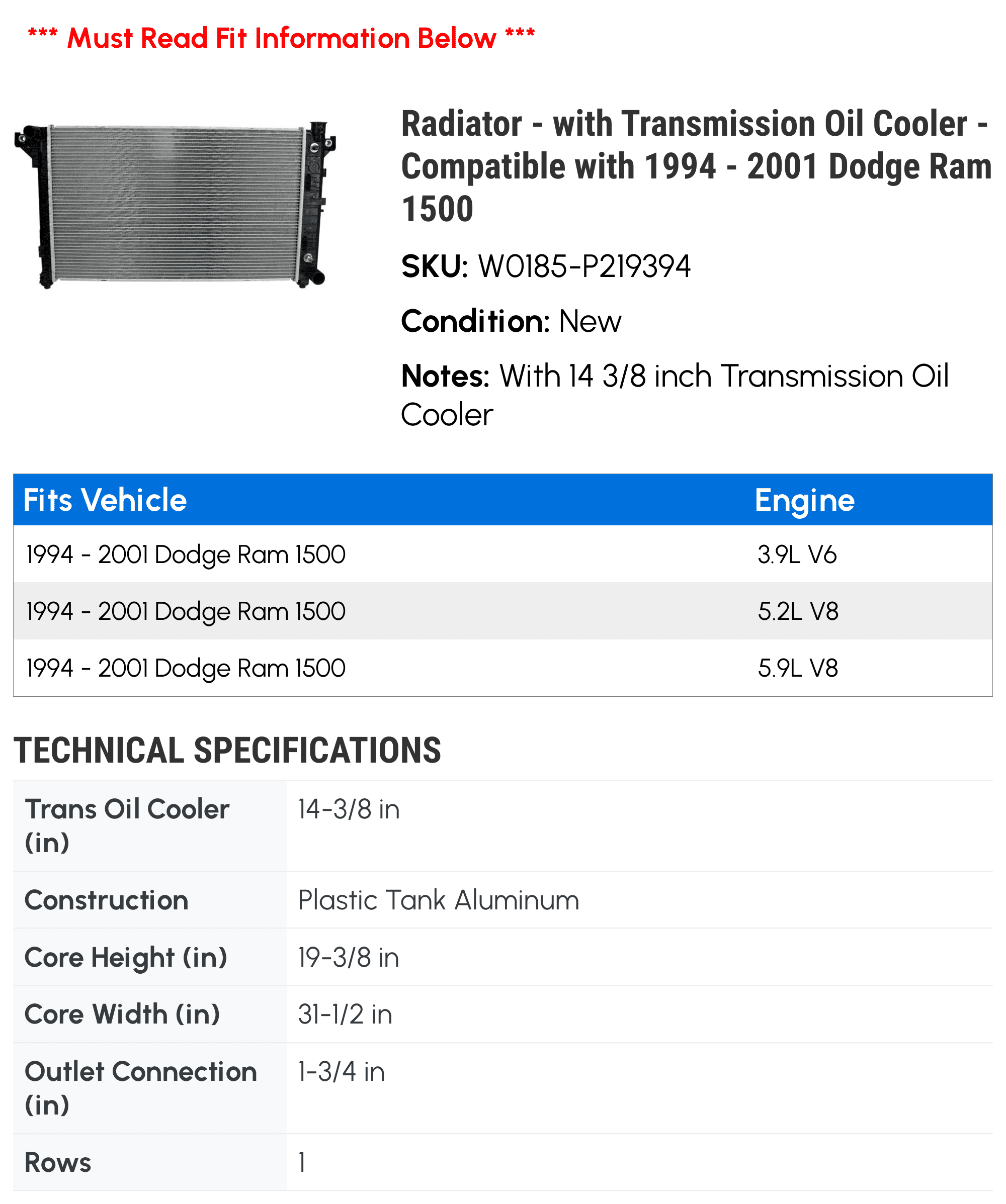 Radiator - with Transmission Cooler - Compatible with 1994 - 2001 Dodge Ram 1500 1995 1996 1997 1998 1999 2000