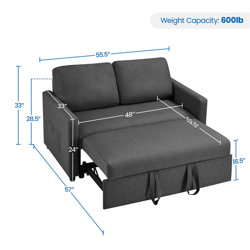 Topeakmart Convertible Sofa Bed Sleeper Sofa Trundle Loveseat with Pull-out Trundle Bed, Dark Gray
