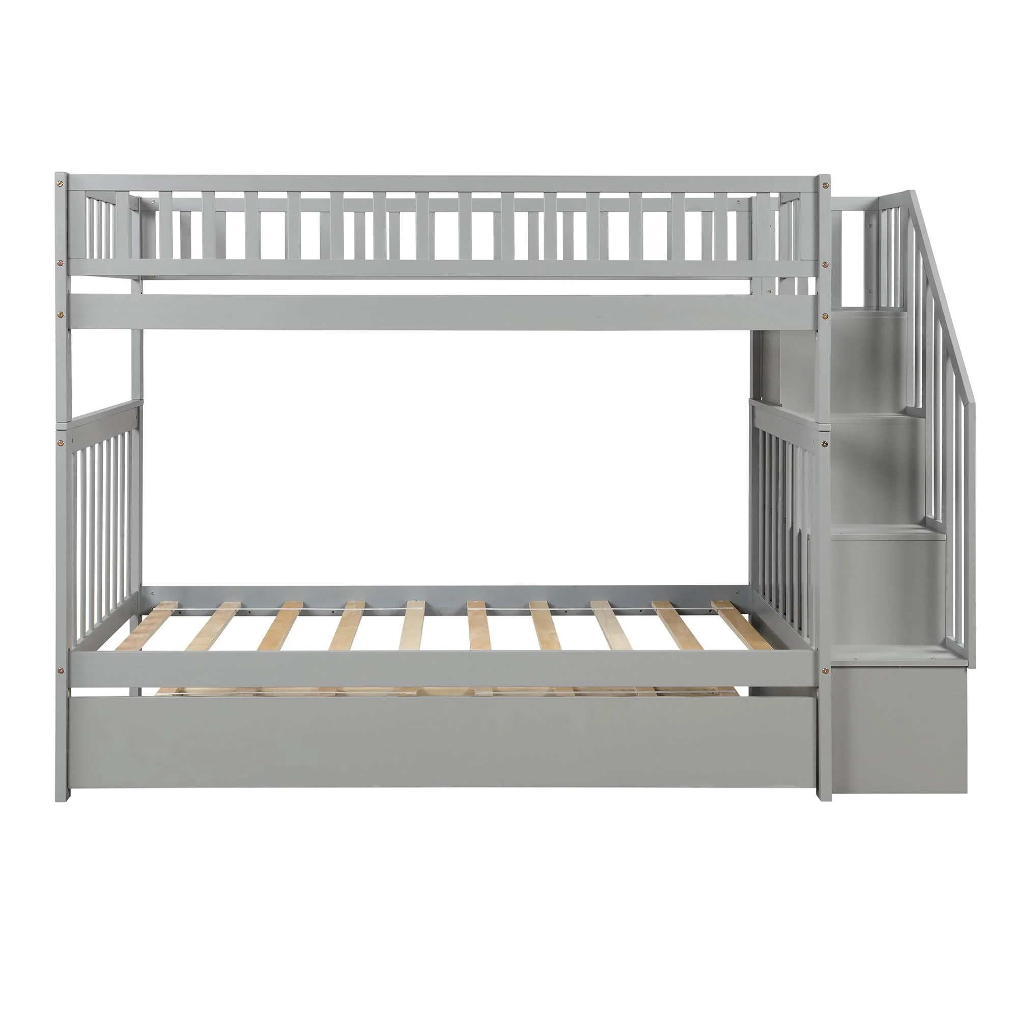 Bunk Bed, Twin Over Twin Wood Bunk Beds with Trundle and Storage, Converted to 2 Twin Beds Frame with Ladder and Stairs for Kids Adults, Saving Space, Gray