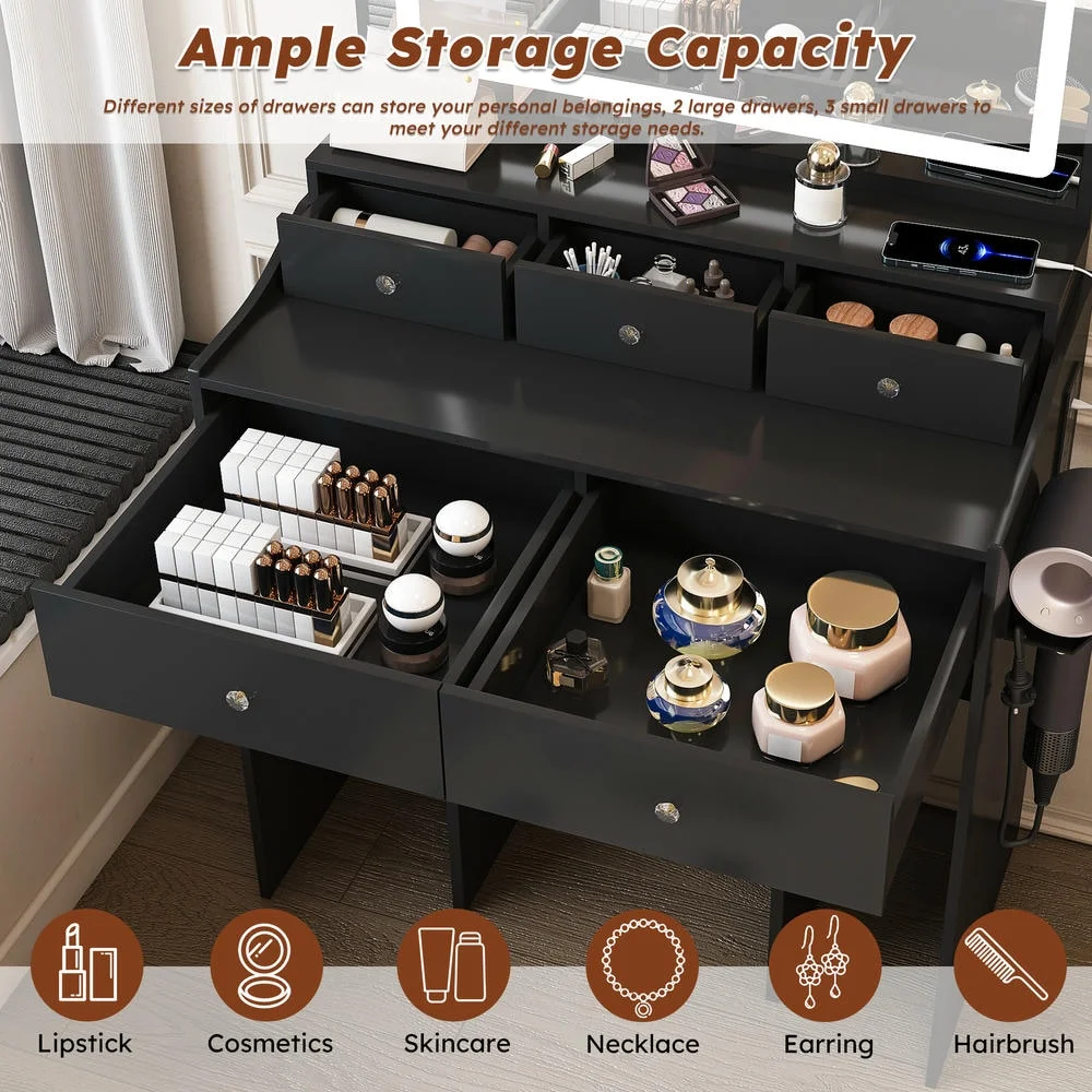 Kadyn Vanity Desk with Lighted Mirror, Vanity Table and Chair Set with 2 Drawers, Dressing Table Makeup Desk with 1 Door, Retro Gray