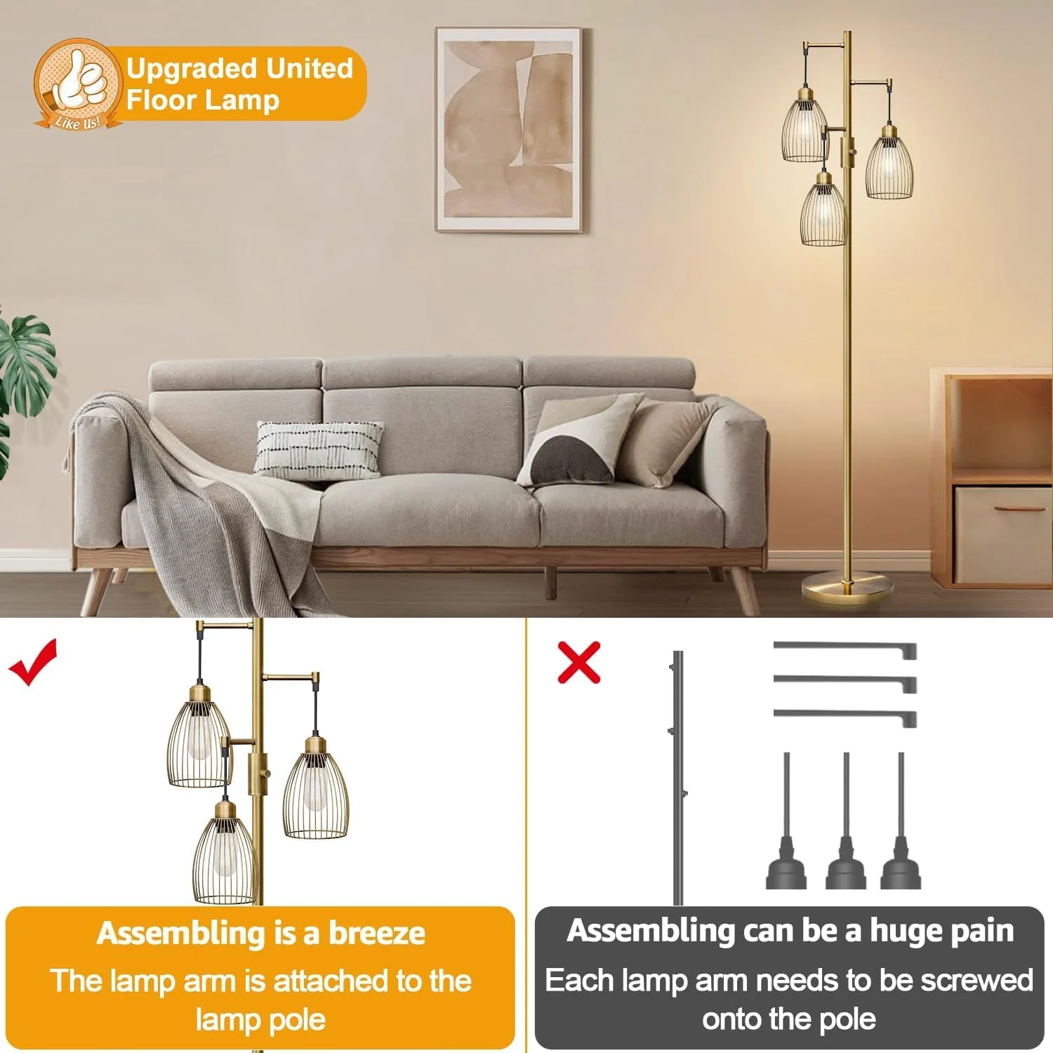 Dimmable Floor Lamp, 3 x 800LM LED Edison Bulbs Included, Farmhouse Industrial Floor Lamp Standing Tree Lamp with Elegant Teardrop Cage Tall Lamps for Living Room Bedroom Office Dining Room