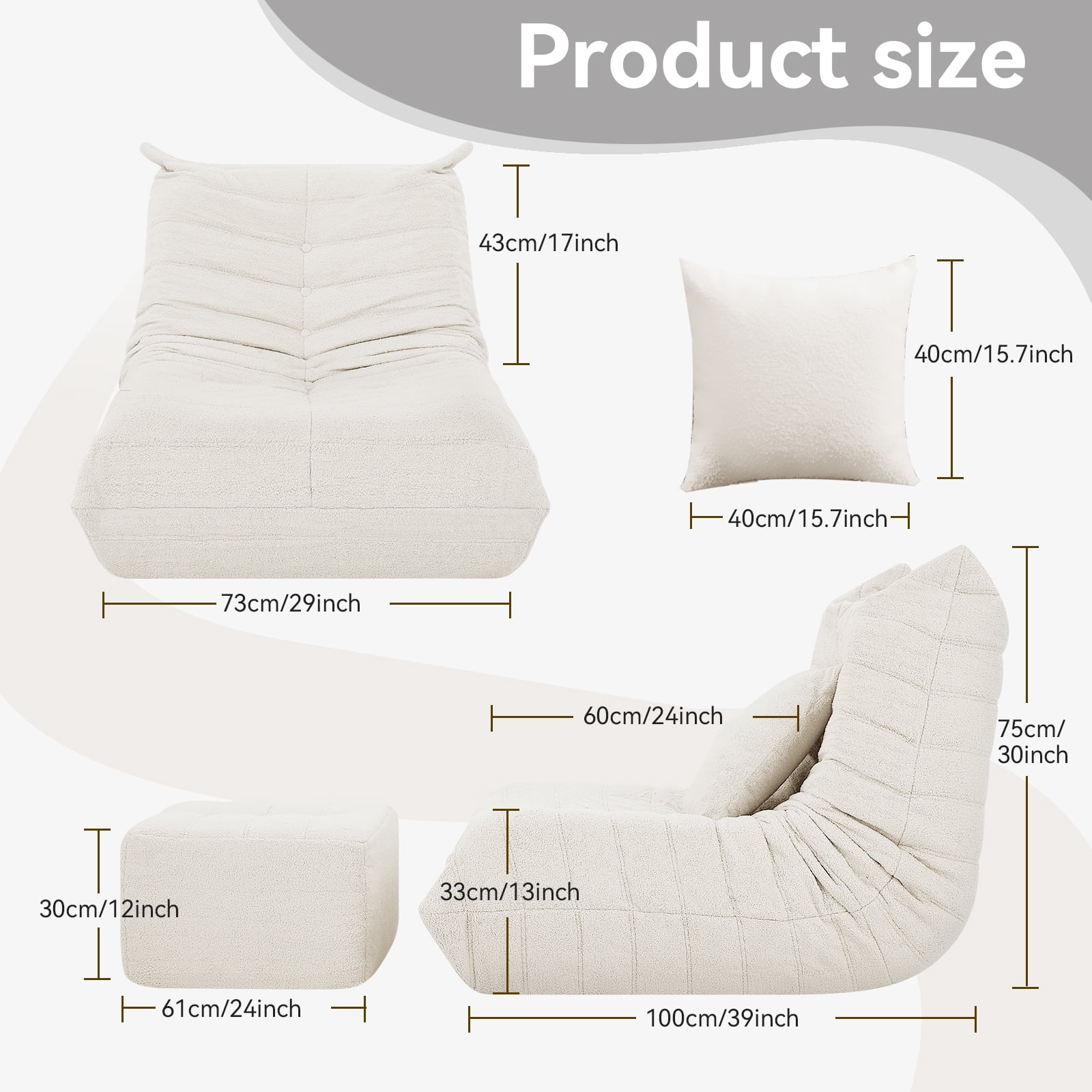 VFD Bean Bag Chairs for Adults, Beanbag Chair with Ottoman Lounge Sofa Memory Foam Comfy Reading Chair for Bedroom & Living Room, Lazy Floor Sofa Couch