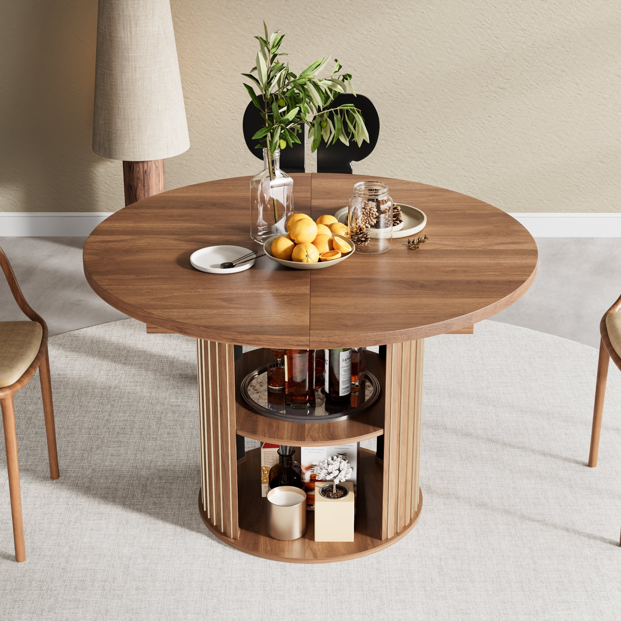 Extendable Dining Table for 4-6, Round Kitchen Table with Storage Shelf, Oval Dining Tables for Living Room (Walnut)