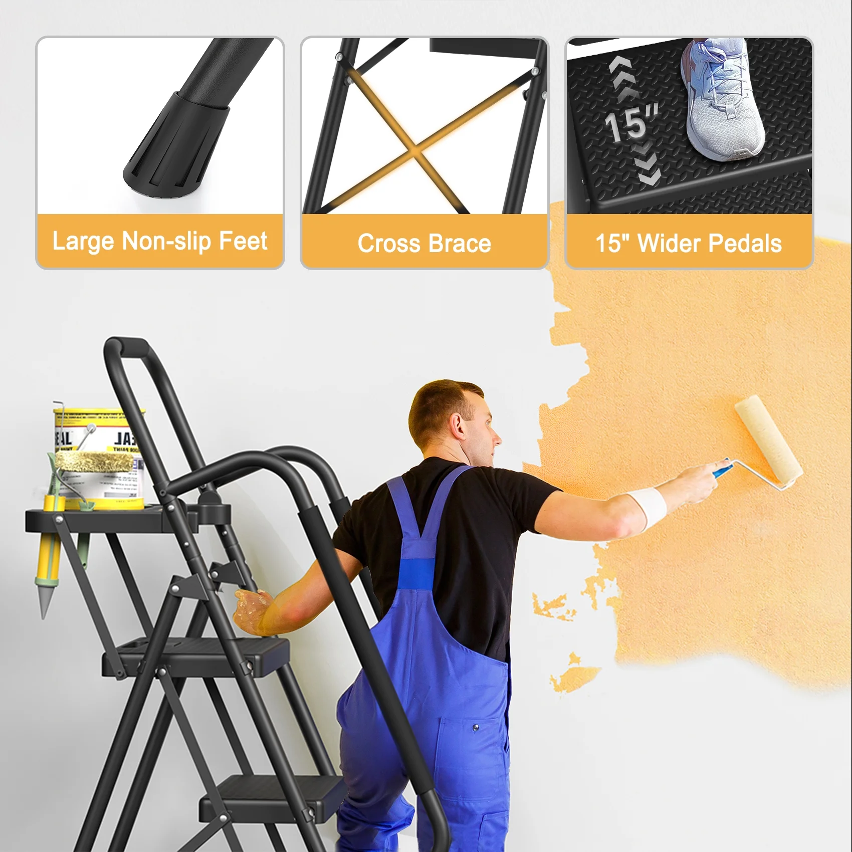 JOZ 5-Step Ladder, 350lbs Portable Folding Ladders for Home, with Handrails and Tool Tray and Anti-Slip Pedal, Black