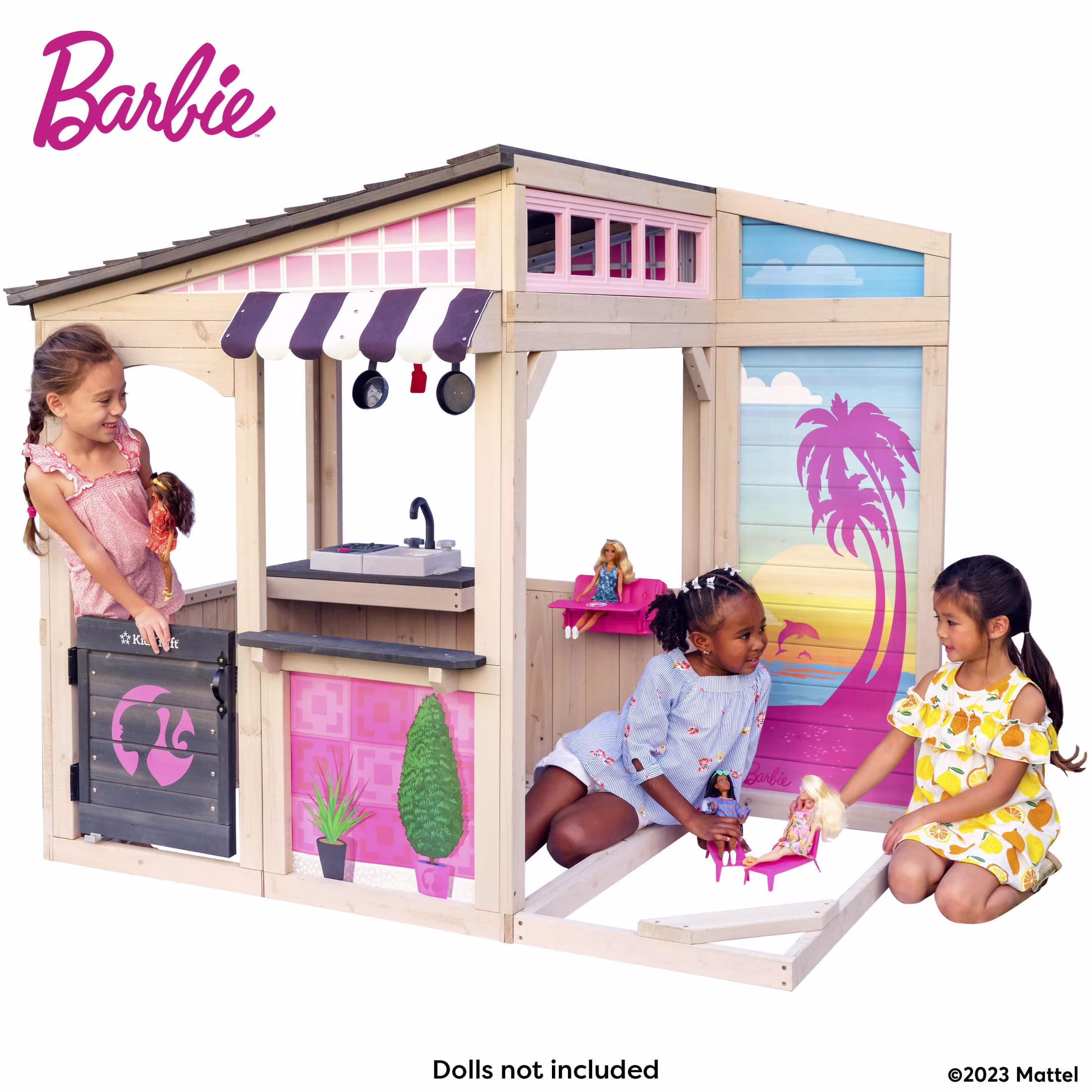 KidKraft Barbie? Seaside Wooden Outdoor Playhouse with Attachable Doll Table and Chairs