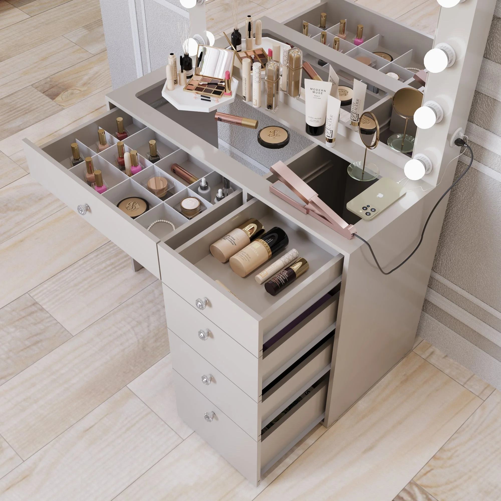 Ember Interiors Ghada Modern Brown Makeup Vanity Desk with Built-in Lights and USB Port for Bedroom