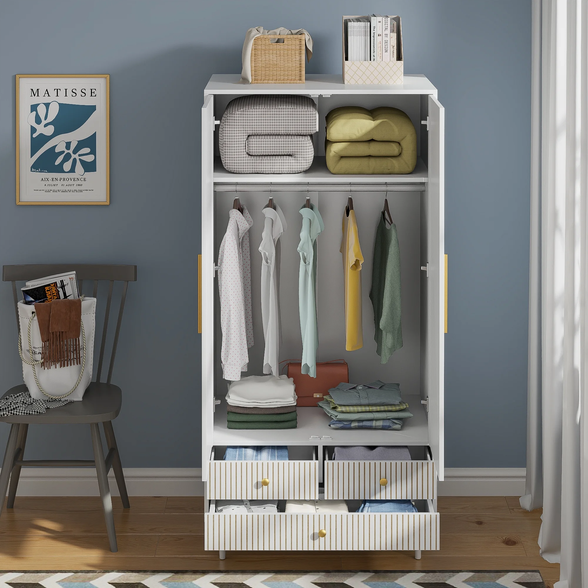 Armoire Wardrobe Closet, Closet Wardrobe Cabinet with Drawers and Hanging Rail for Bedroom, White