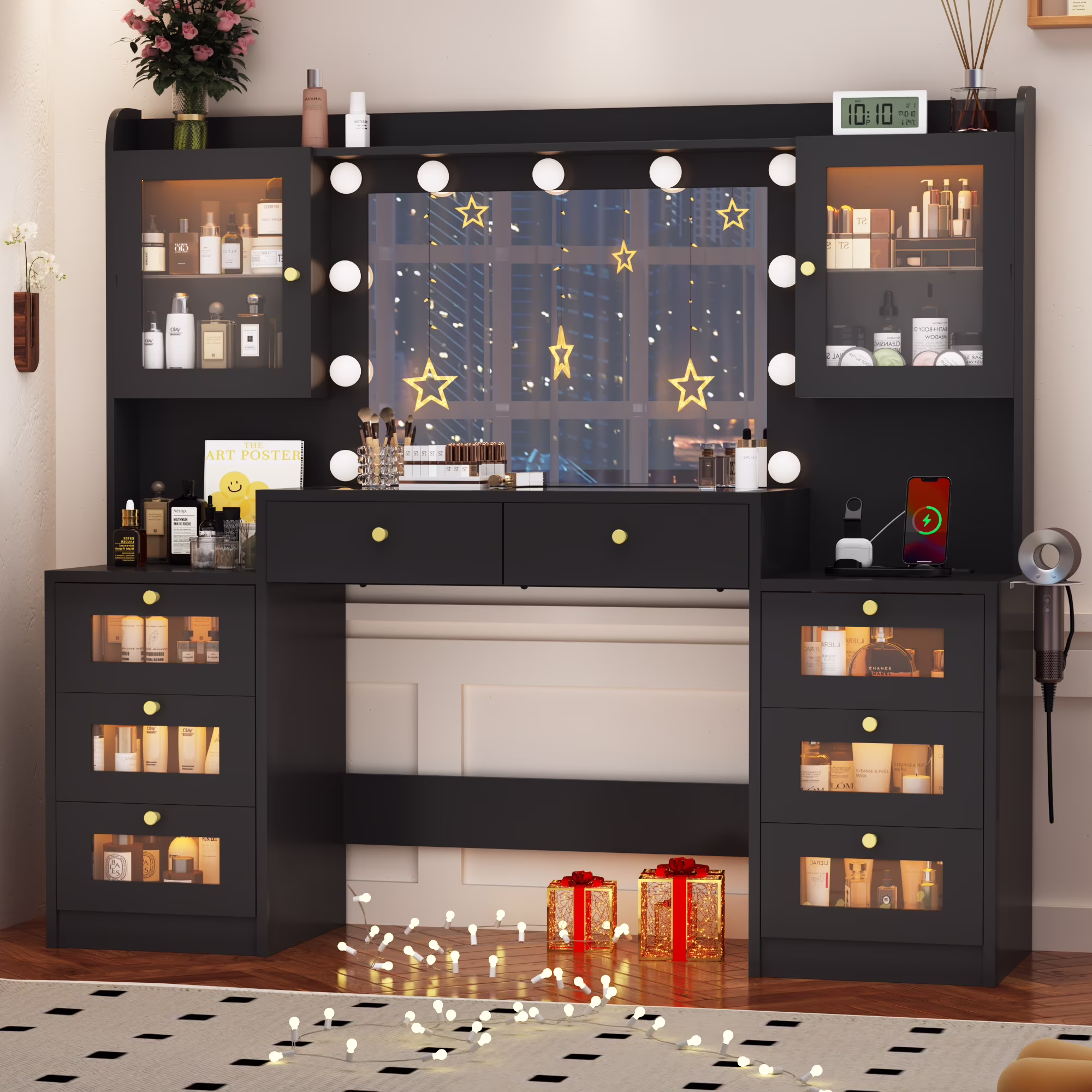 ChVans 62'' Large Vanity Desk with Tempered Glass Top, 11 LED Bulbs, Charging Station, Bedroom Makeup Vanity with 3 Lights Mode LED Mirror, 6 Translucent Drawers, 2 RGB cabinets for Women, Girls Gift