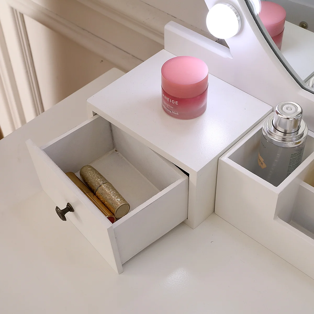 Ktaxon Vanity Set with Round Lighted Mirror, Makeup Dressing Table with 8 Light Bulbs & Cushioned Stool Set,Bedroom Vanities Set Black