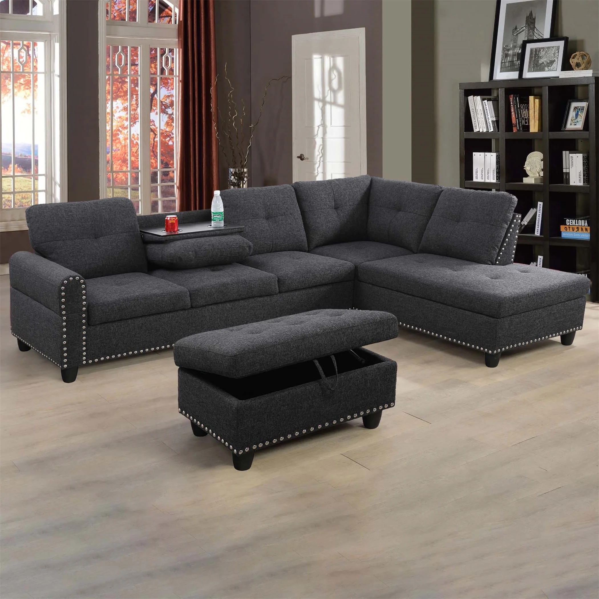 Aukfa 3 Piece Sectional Sofa, Living Room Couch with Storage Ottoman&Cup Holder, Linen, Left Hand, Black Gray