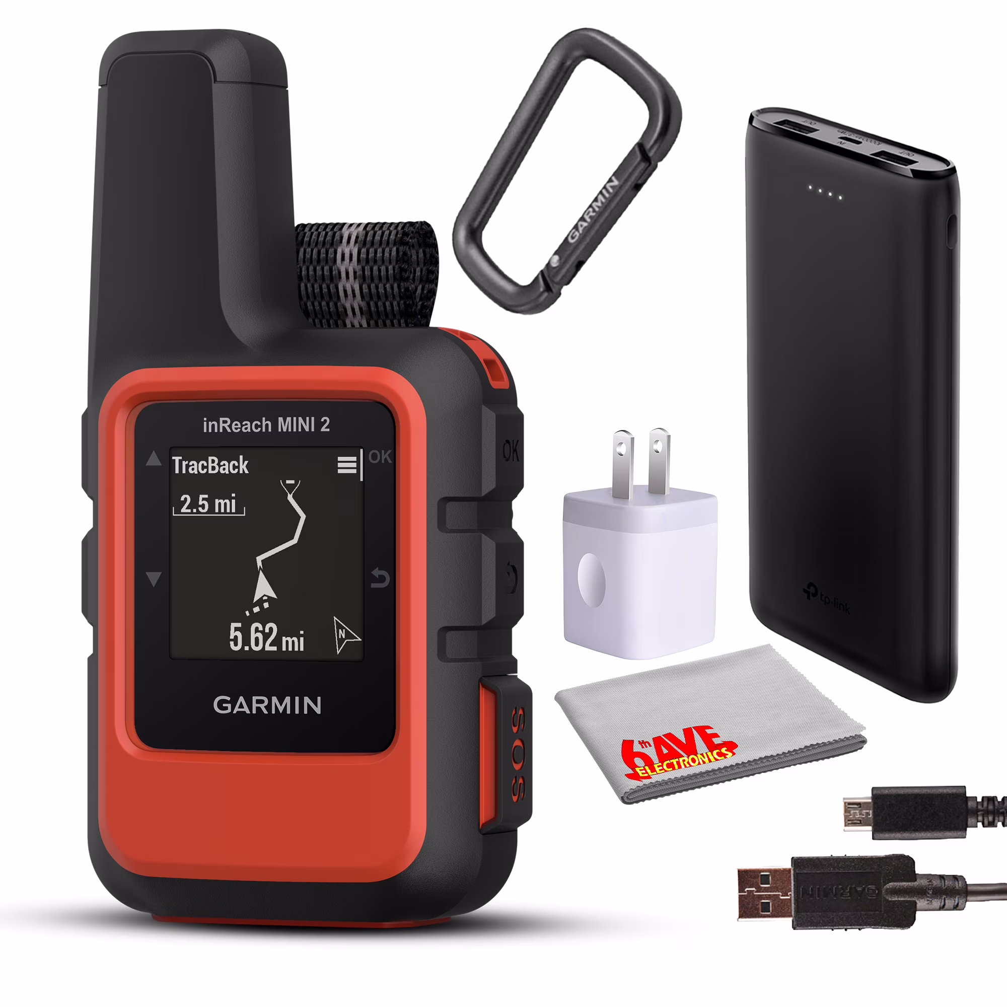 Garmin inReach Mini 2 Compact Satellite Communicator, Lightweight Rugged Design, Portable GPS Handheld For Hiking, Two-way Text Messaging Device Bundle With Accessories (Flame Red)