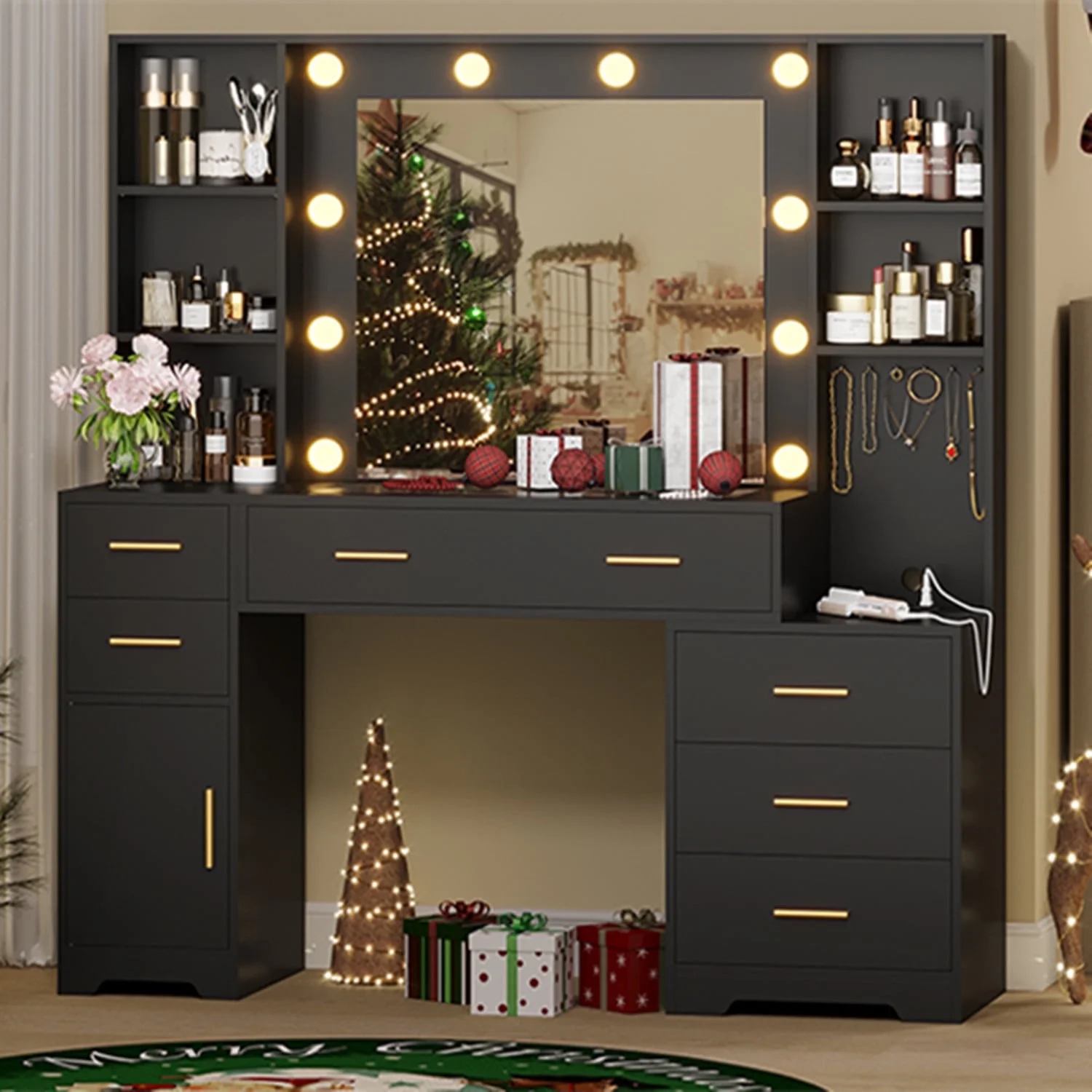 Makeup Vanity Desk with Lighted Mirror & Charging Stations & 6 Drawers Large Vanity Table Bedroom Dressing Table with Glass Tabletop&Side Cabinet&Glass Tabletop, Black