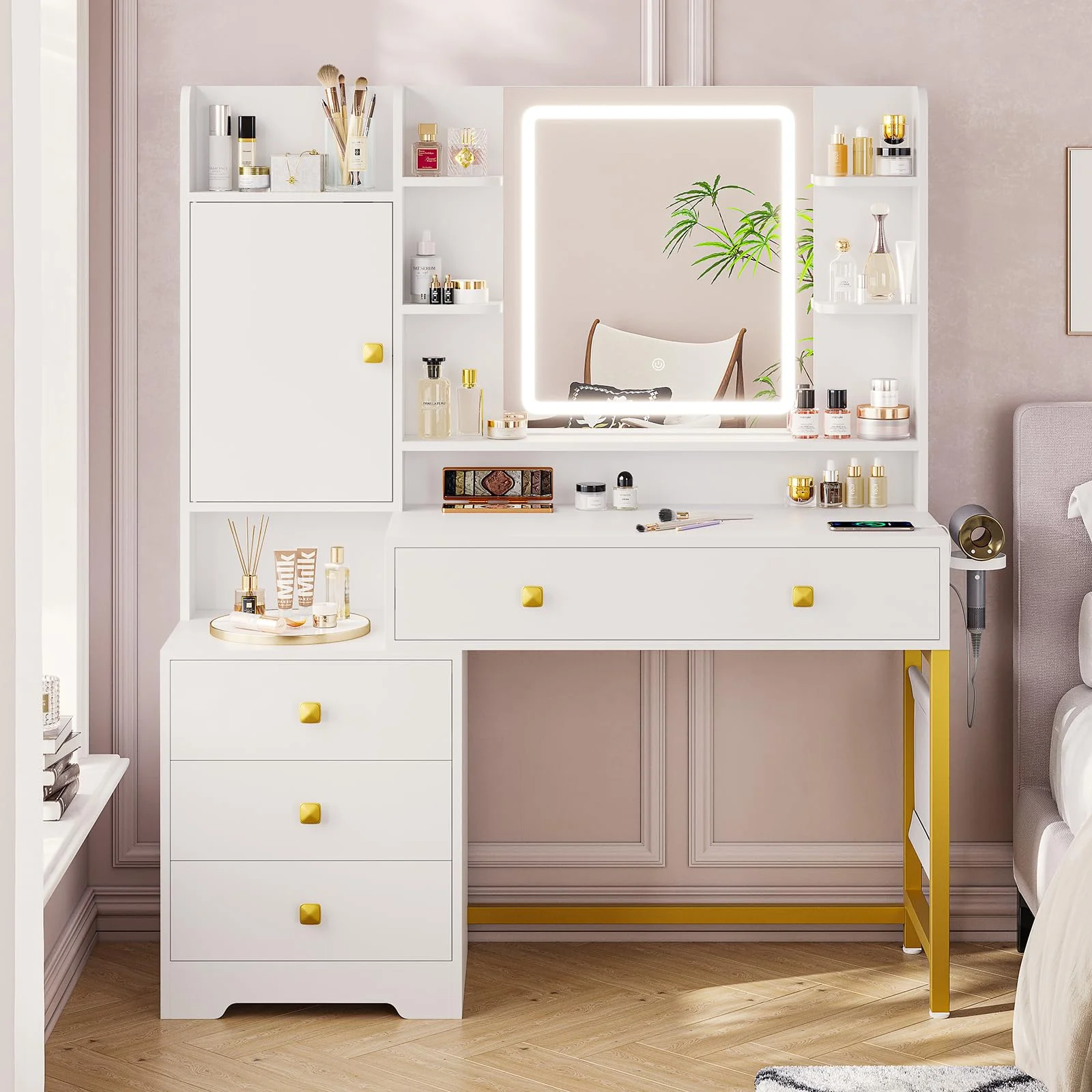 Makeup Vanity Desk with Lighted Mirror & Charging Stations & 6 Drawers Large Vanity Table Bedroom Dressing Table with Glass Tabletop&Side Cabinet&Glass Tabletop, Black