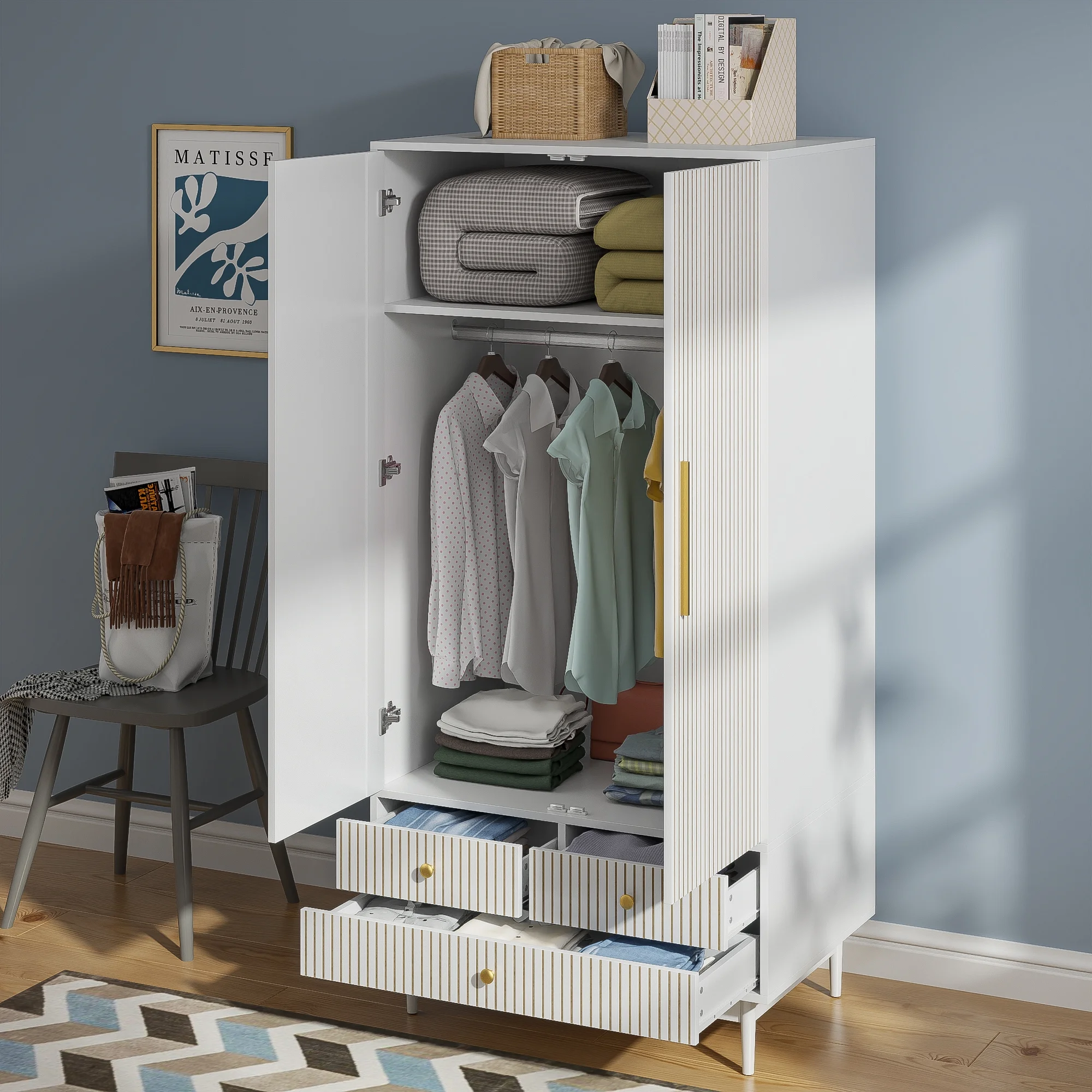 Armoire Wardrobe Closet, Closet Wardrobe Cabinet with Drawers and Hanging Rail for Bedroom, White
