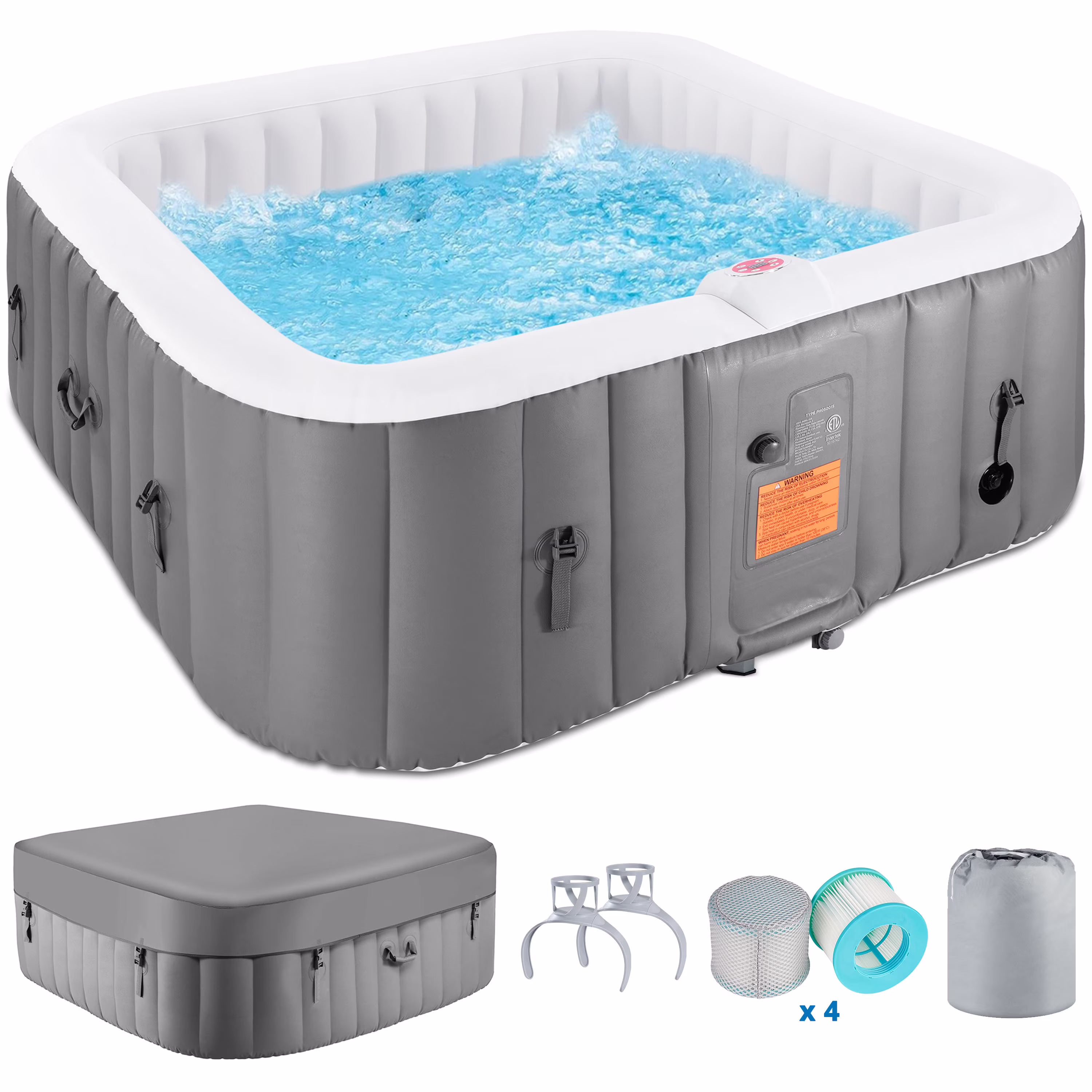 73 inch 4-6 Person Inflatable Hot Tub Spa with Control Panel, Outdoor Portable Hottub with 130 Jets, Insulated Tub Cover and Floor Protector, Temperature up to 104°F, Gray