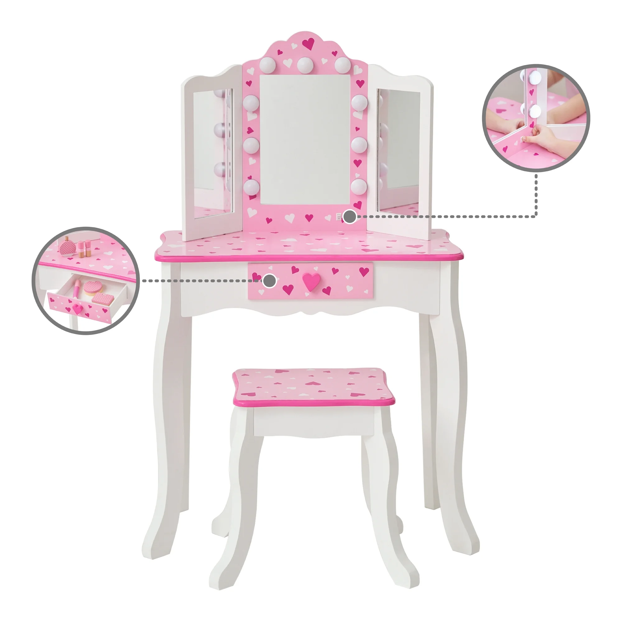 Fantasy Fields Kids Princess Vanity Set with LED Lights Mirror and Storage, Pink/White