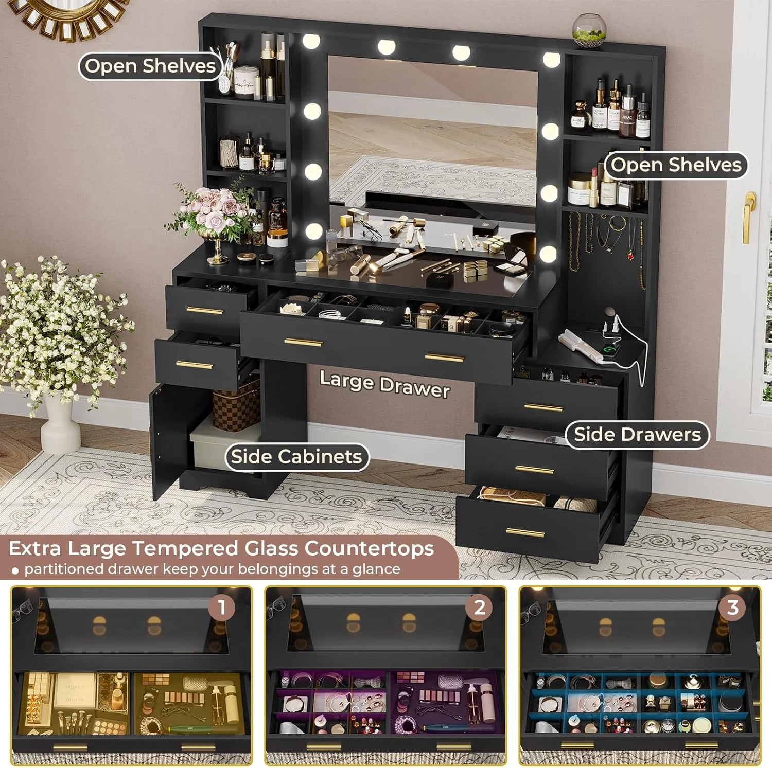 Makeup Vanity Desk with Lighted Mirror & Charging Stations & 6 Drawers Large Vanity Table Bedroom Dressing Table with Glass Tabletop&Side Cabinet&Glass Tabletop, Black