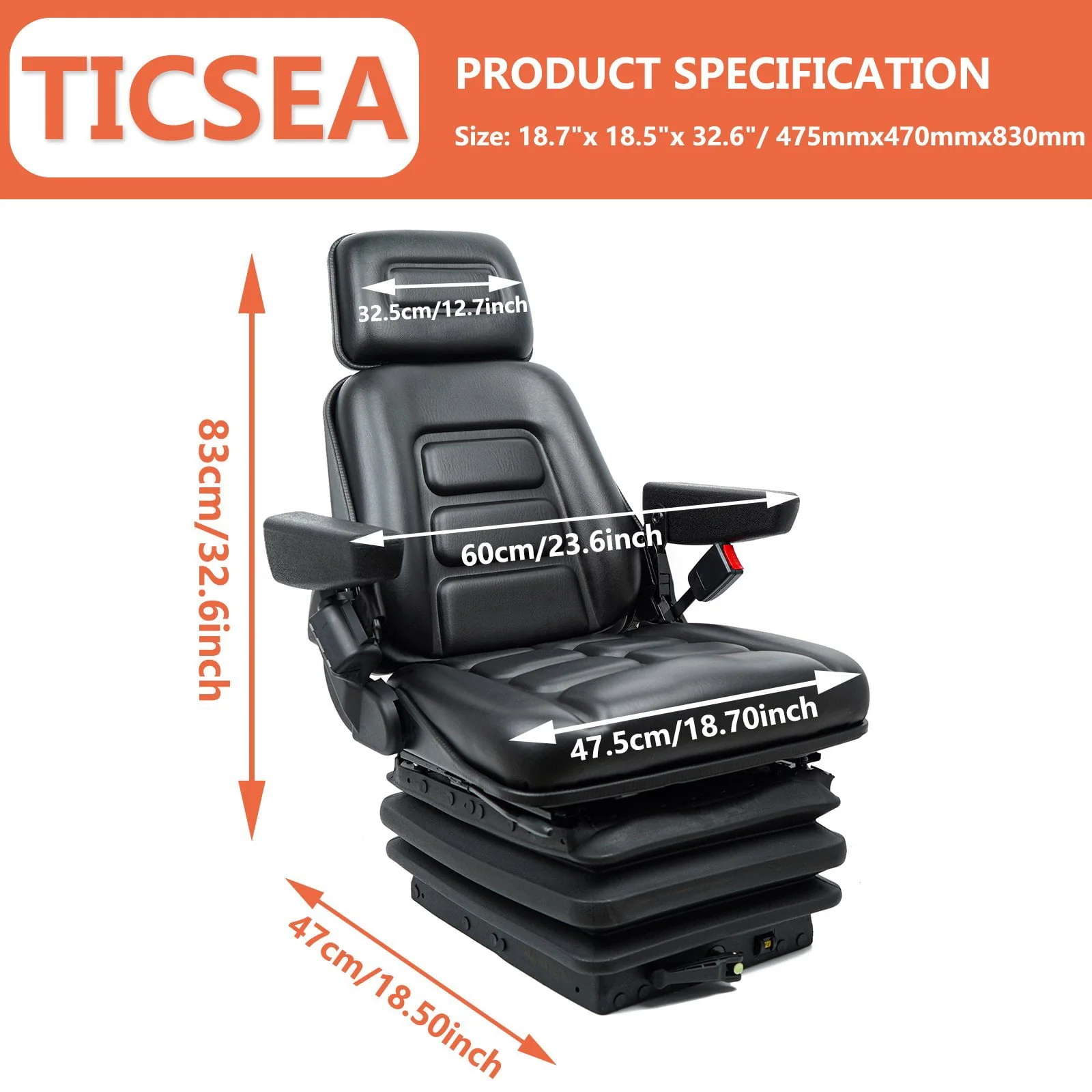 TICSEA Universal Mechanical Suspension Foldable Seat with Adjustment Headrest Armrest, Retractable Seat Belt for Heavy Duty Tractor Forklift Excavator Skid Steer