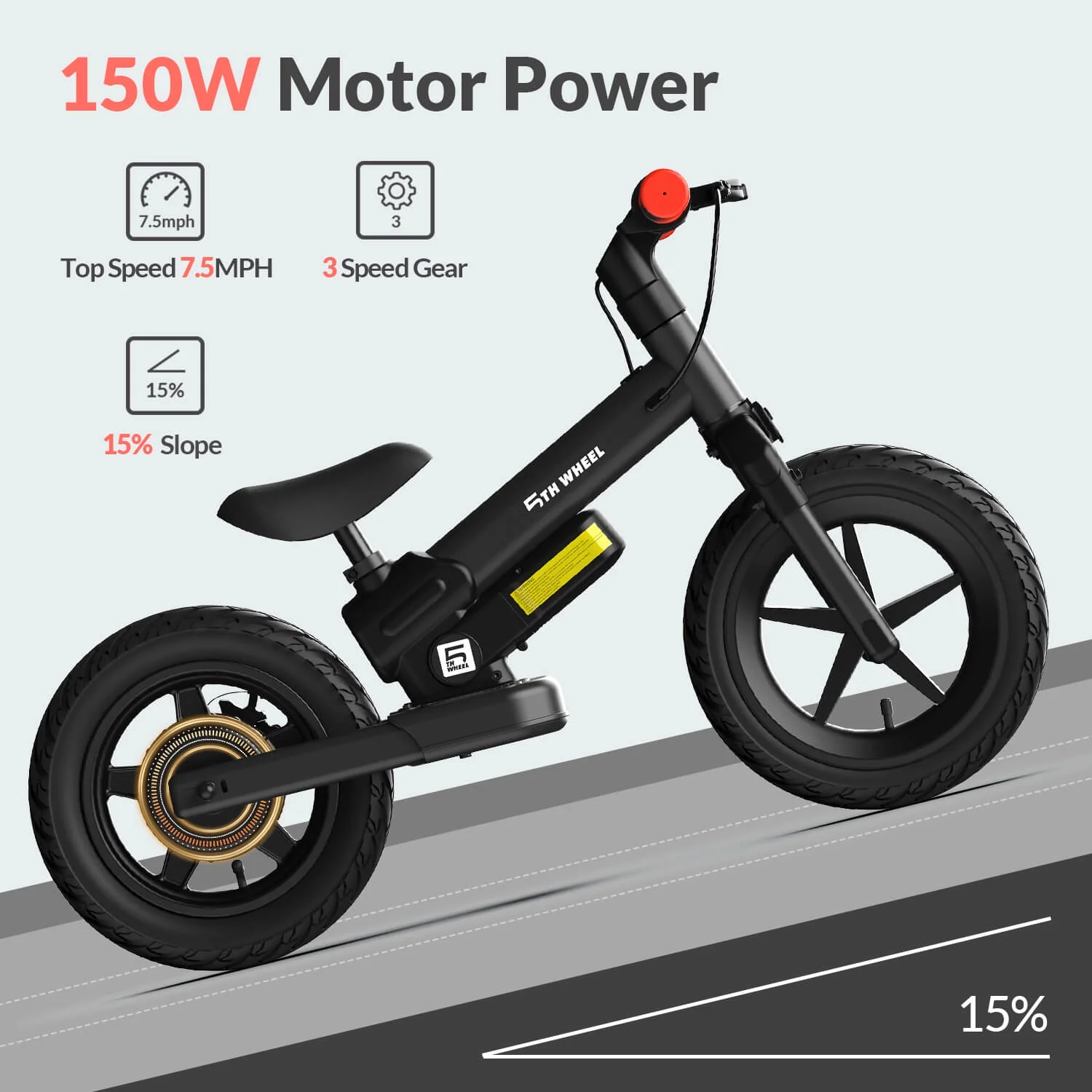 5Th Wheel KB09 150W Electric Balance Bike for Kids, Black - 12