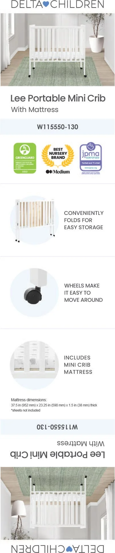 Delta Children Lee Portable Folding Mini Crib with 1.5-Inch Mattress - Greenguard Gold Certified, Bianca White