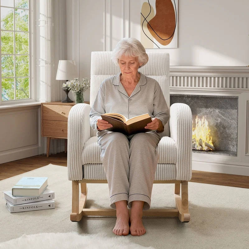 FFH Rocking Chair Nursery, Tufted Accent Rocker Chair, Upholstered Armchair with Adjustable Footrest, Side Pocket, High Backrest, Padded Seat, Polyester Blend (Retro, Dark Gray)