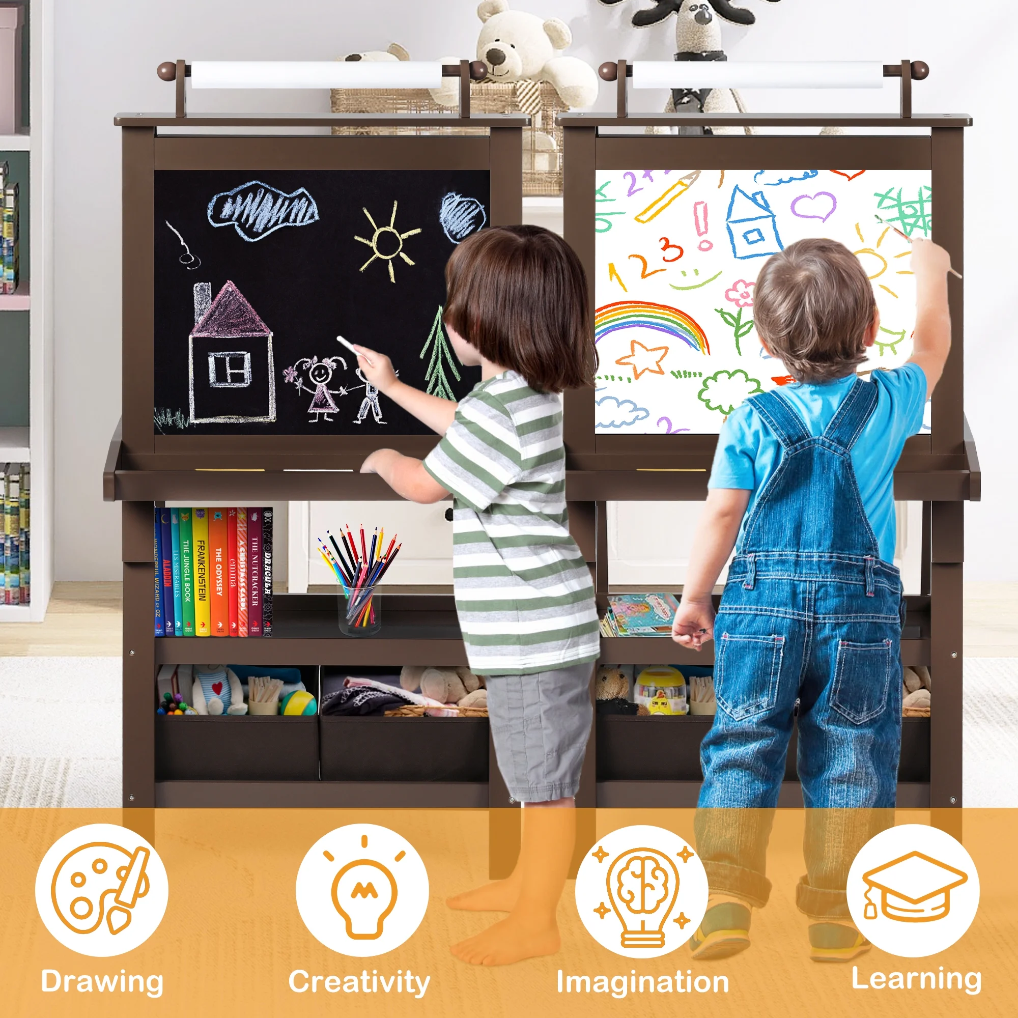 LINLUX 3 in 1 Art Easel for Kid, Whiteboard for Kid with Stand, Magnetic Chalkboard Pizarra, Grey