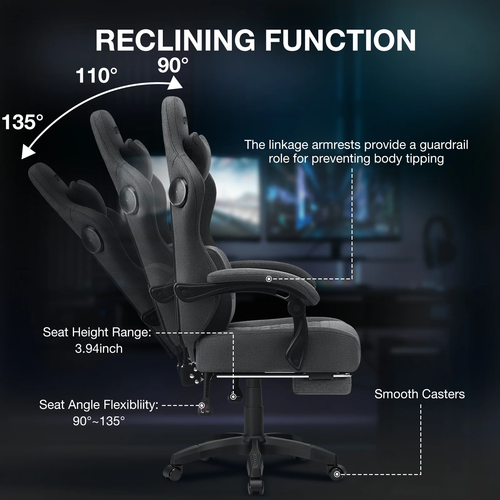 Hoffree Gaming Chair with Speakers Fabric Gamer Chair with footrest and massage Big and Tall Video Game Chair with Headrest and Lumbar Support for Adults