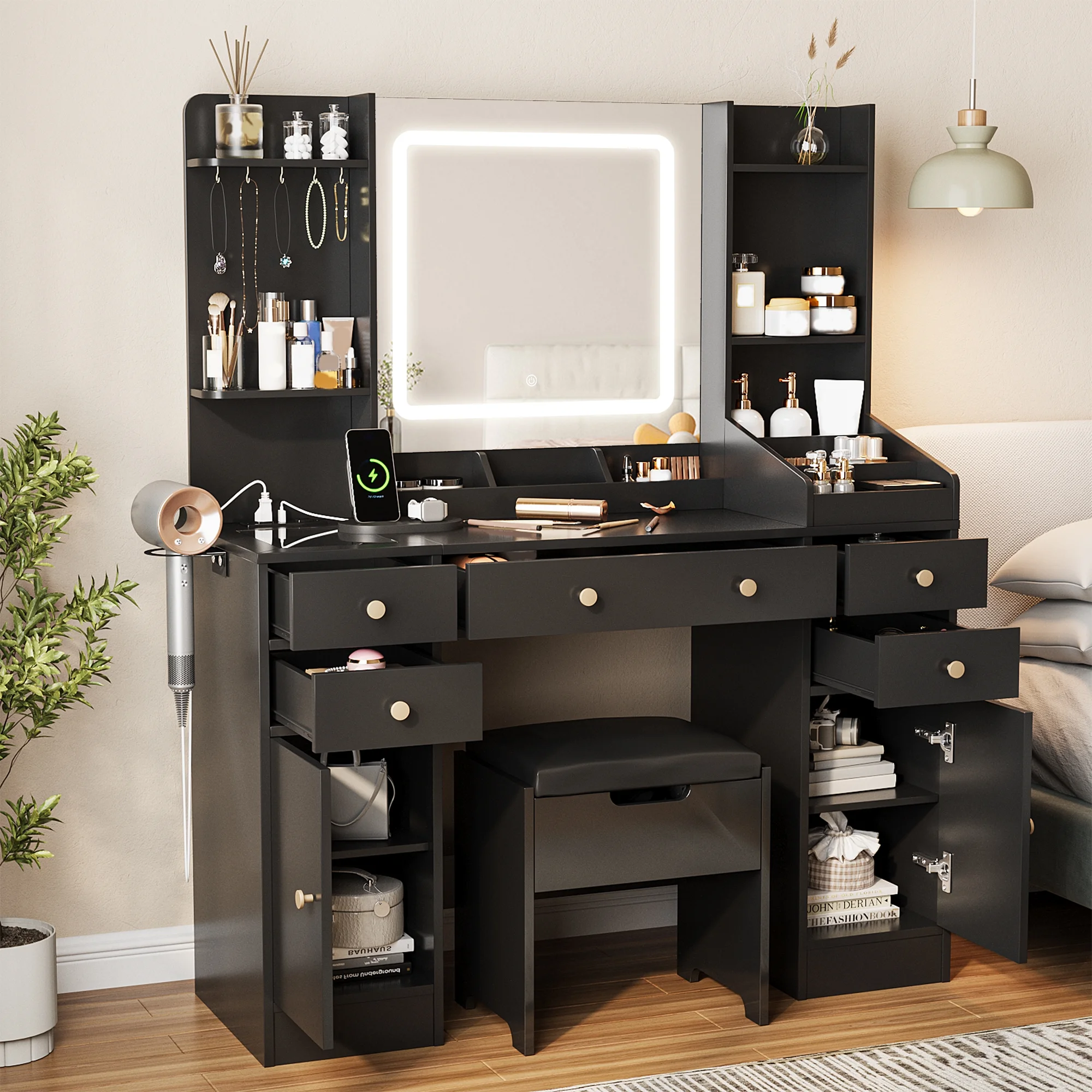 Vanity Set with Mirror and Lights, Makeup Table with Charging Station,5 Drawers & Storage Shelves, White