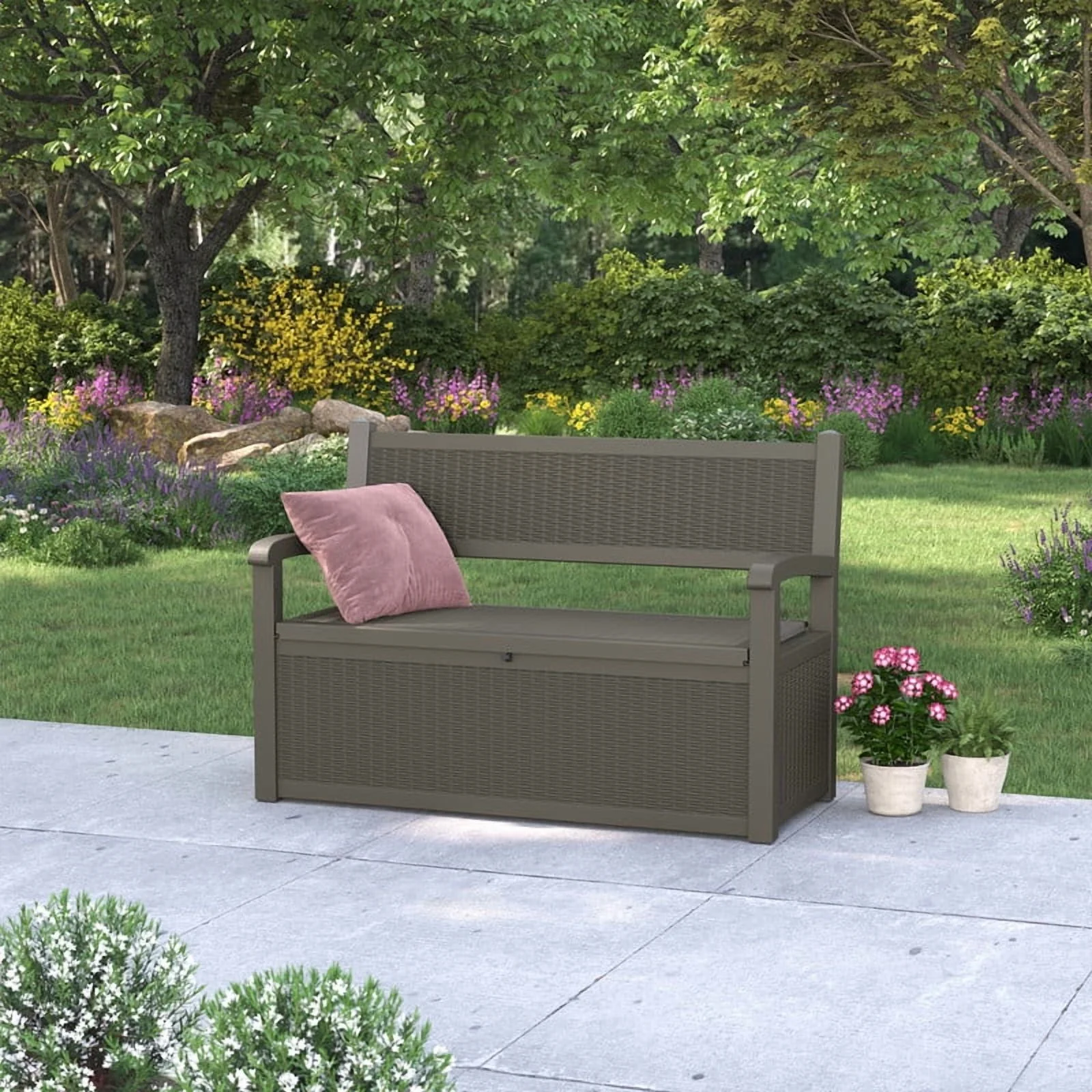 Bifanuo 70 Gallon Storage Bench Deck Box for Patio Furniture with Armrest Bench Outdoor Storage Water-Resistant Deck Box for Garden Tools,Pool Storage and Outdoor Cushions,Grey