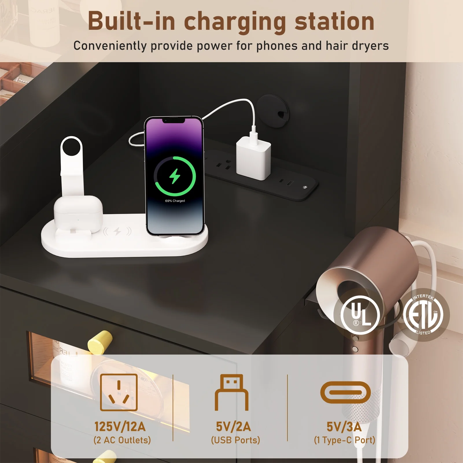 ChVans 62'' Large Vanity Desk with Tempered Glass Top, 11 LED Bulbs, Charging Station, Bedroom Makeup Vanity with 3 Lights Mode LED Mirror, 6 Translucent Drawers, 2 RGB cabinets for Women, Girls Gift