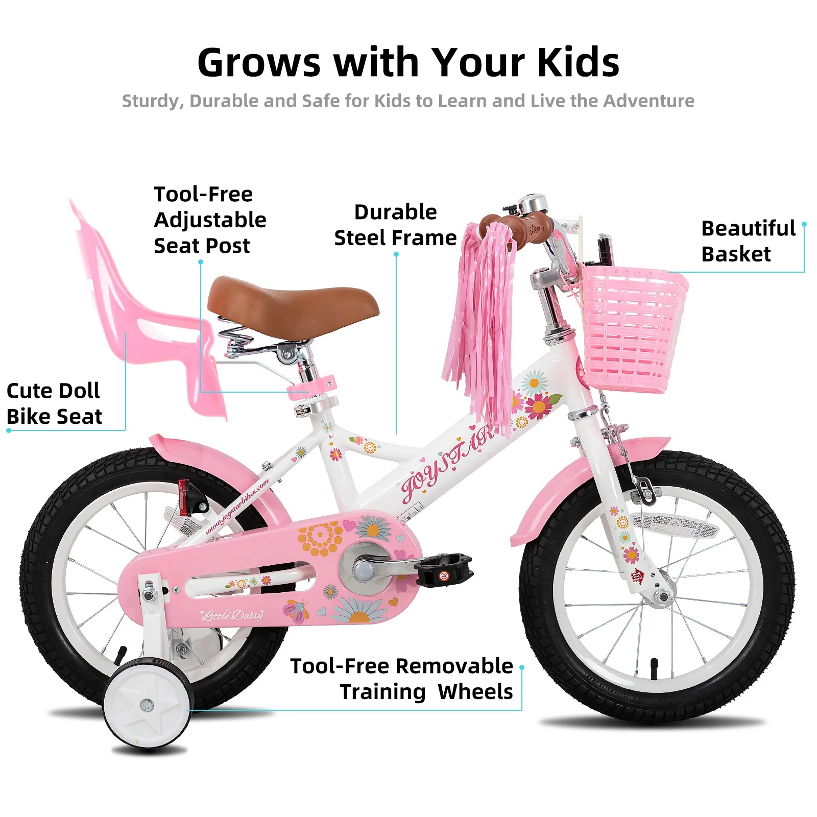 JOYSTAR Little Daisy 14 Inch Kids Bike for 3 4 5 Years Girls with Handbrake Children Princess Bicycle with Training Wheels Basket Streamer Toddler Cycle Bikes Blue