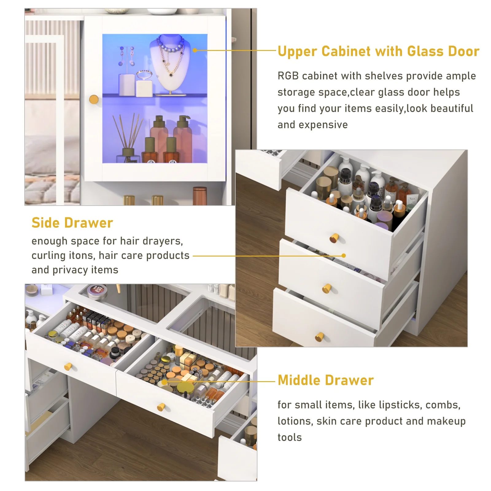 ChVans 62'' Large Vanity Desk with Tempered Glass Top, 60000-color LED Lights, Charging Station, White Makeup Vanity with 3 Lights Mode LED Mirror, 9 Drawers, 2 RGB cabinets for Women, Girls Gift