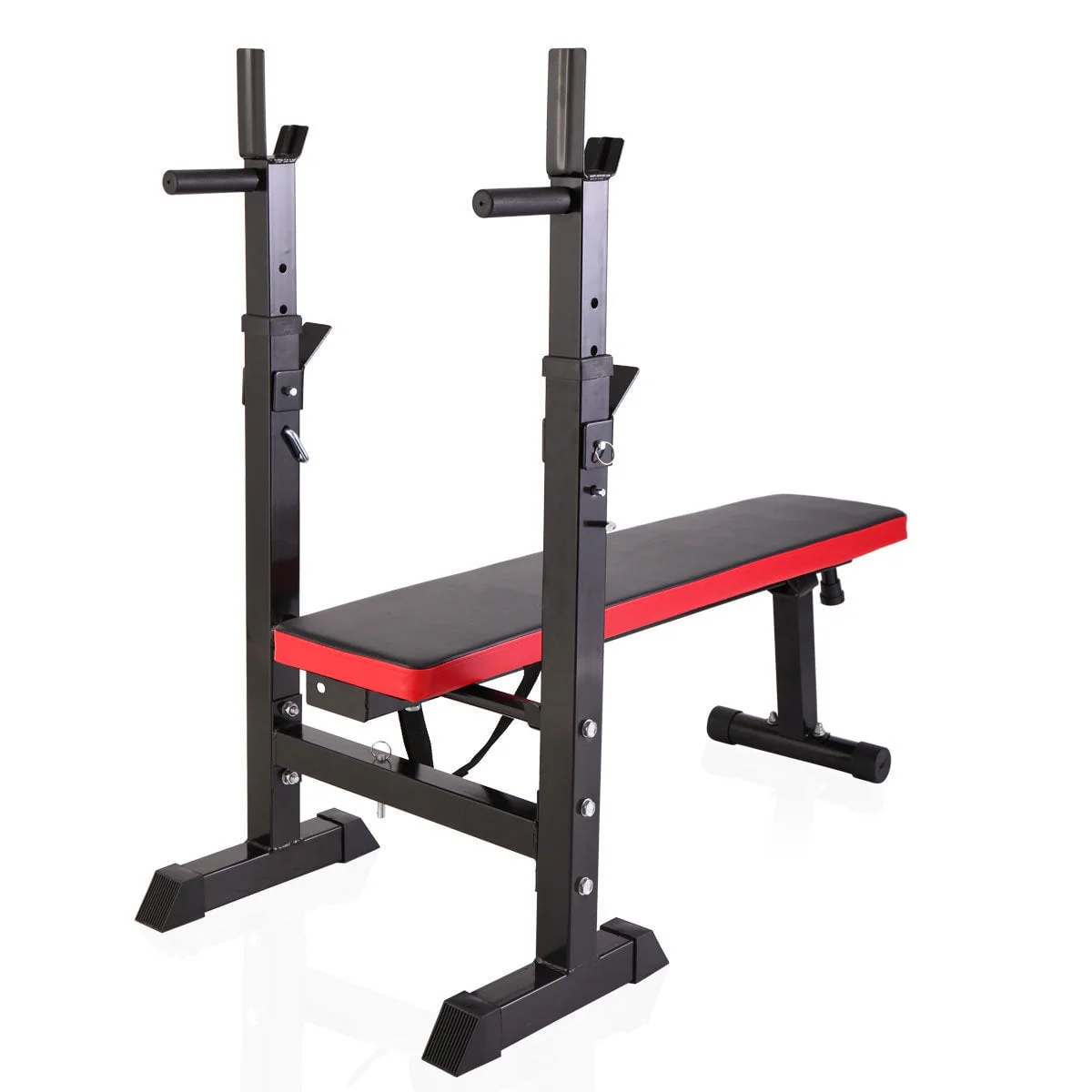 Adjustable Folding Multifunctional Workout Station Adjustable Workout Bench with Squat Rack - black red