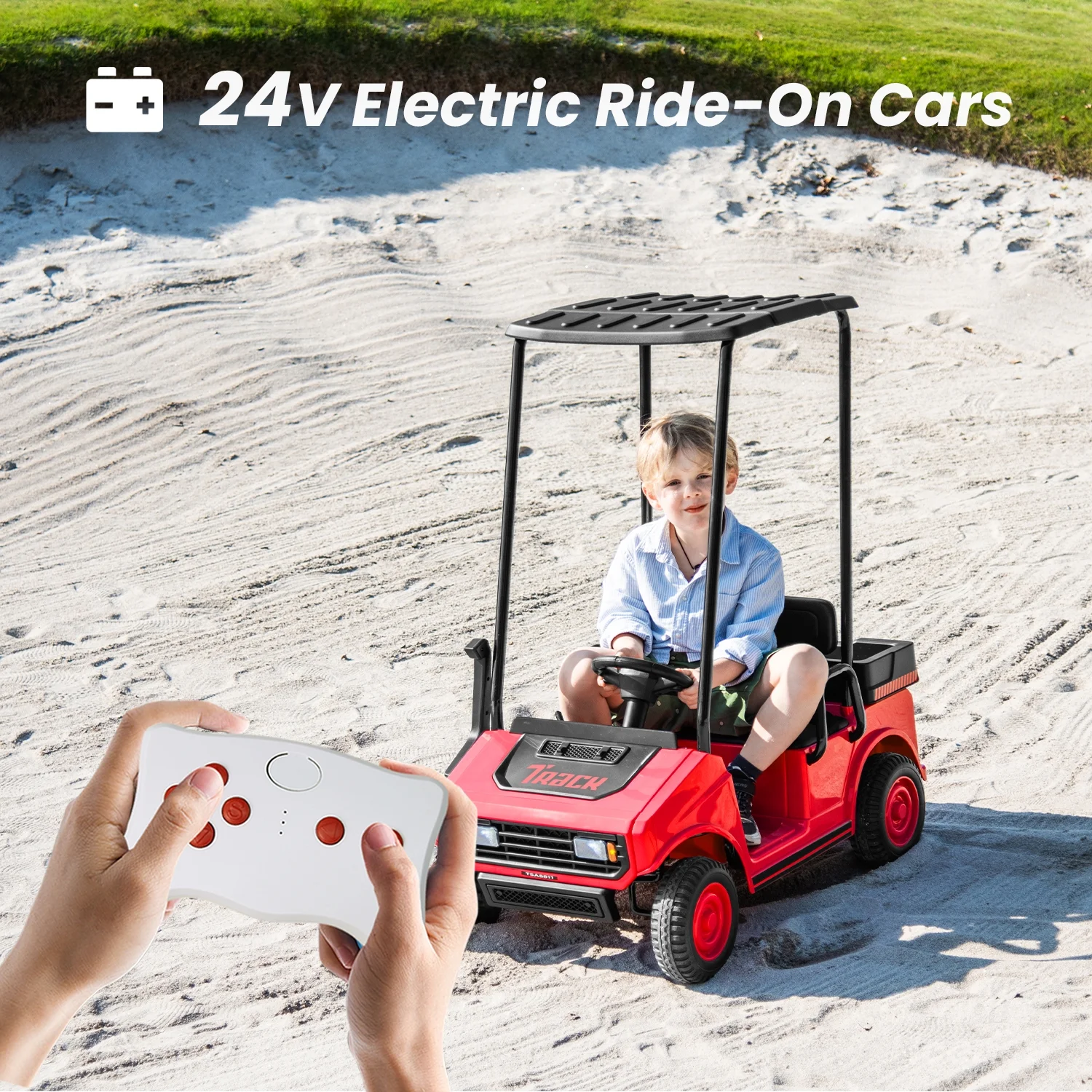 Track Seven 24V Ride on Car, Electric Golf Cart with Ceiling, Ride on Truck with Remote Control, Music, Rear Storage Box, Electric Car for Boys Girls Age 3+, 18.5