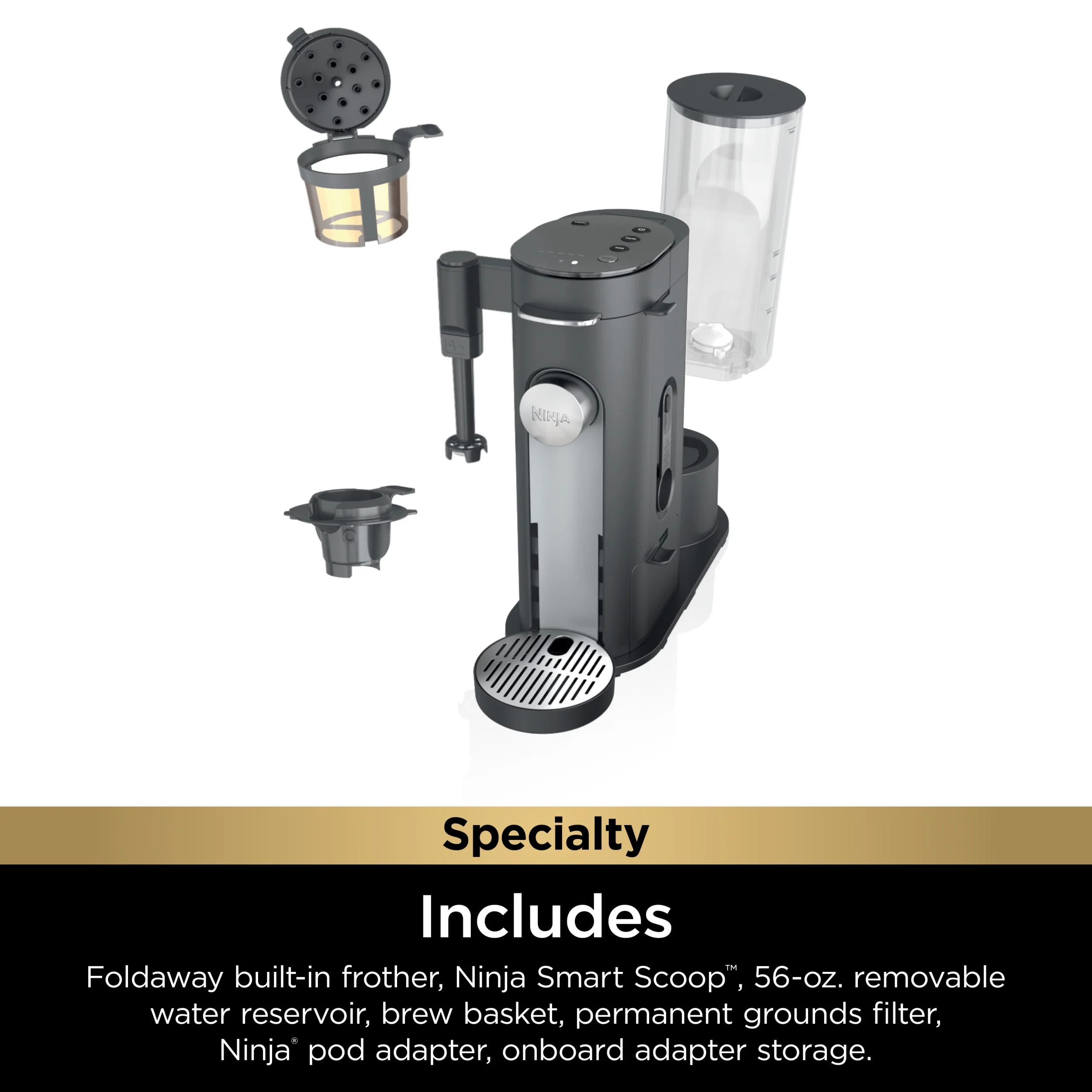 Ninja Single Serve Pods & Grounds Specialty Coffee Brewer, 4 Brew Styles, Gray, PB050
