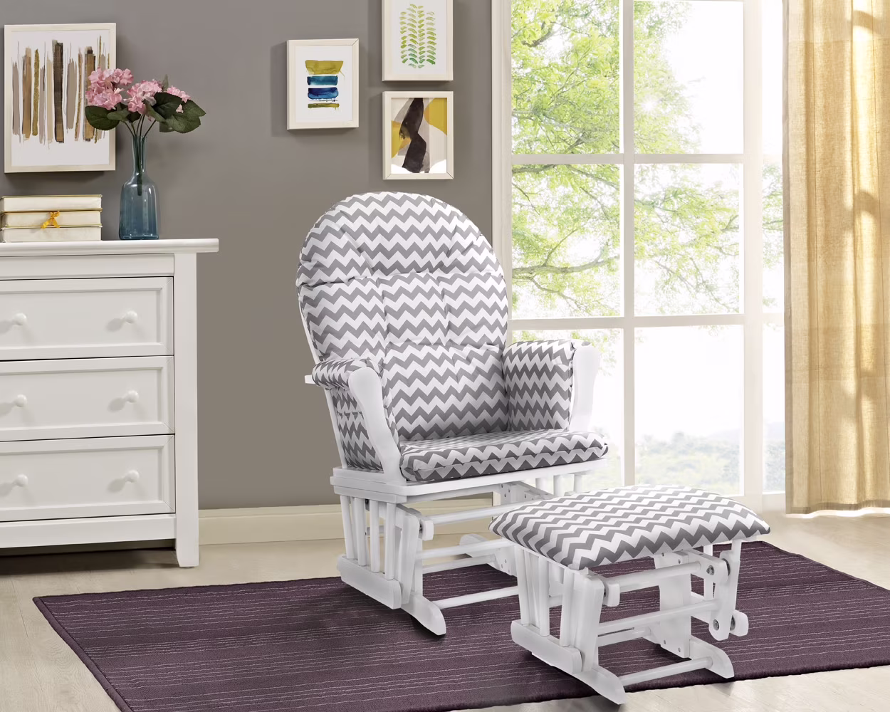 Angel Line Windsor Glider and Ottoman, Natural Finish with Gray Cushions