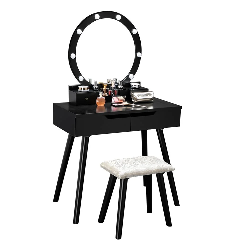 Ktaxon Vanity Set with Round Lighted Mirror, Makeup Dressing Table with 8 Light Bulbs & Cushioned Stool Set,Bedroom Vanities Set Black