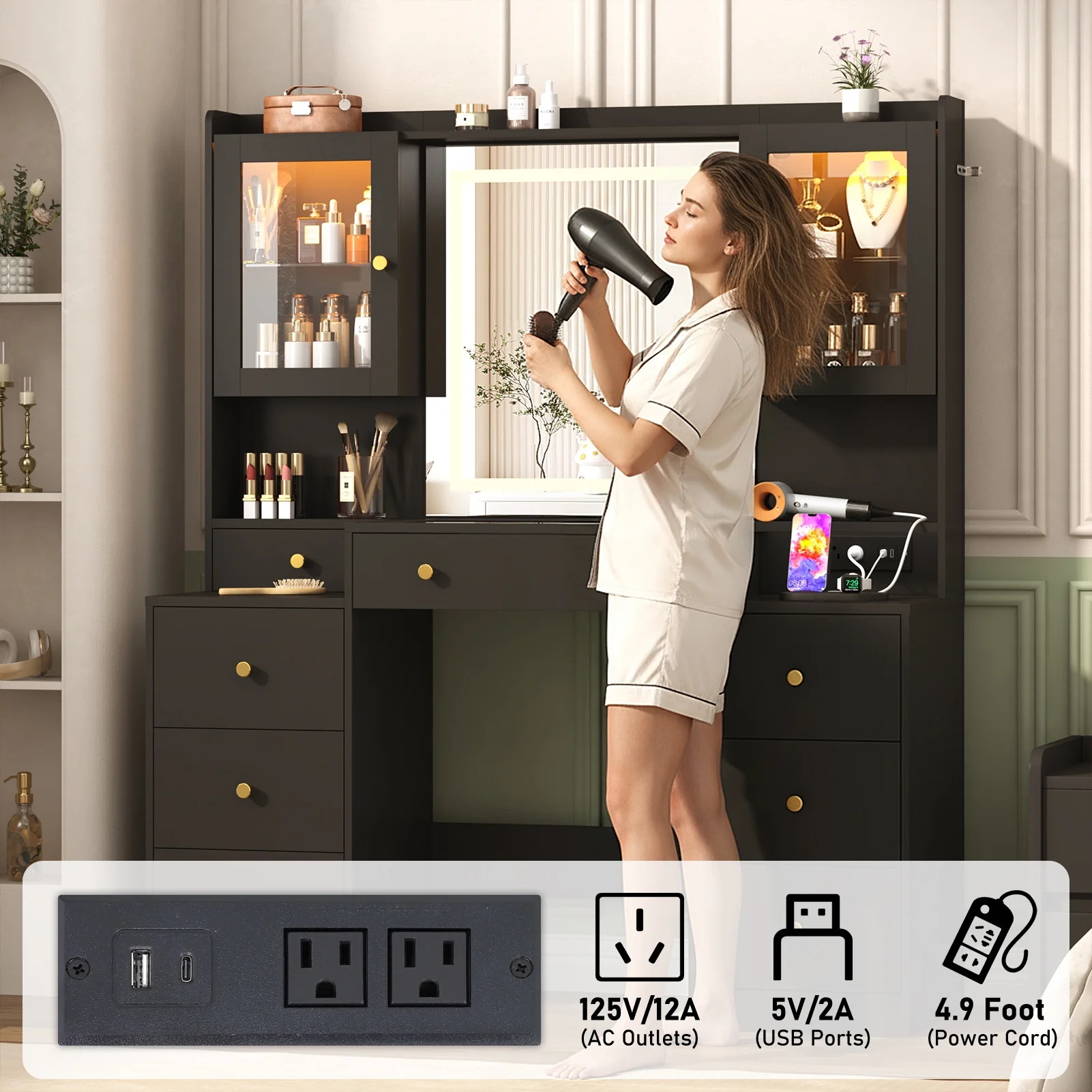 ChVans 62'' Large Vanity Desk with Tempered Glass Top, 60000-color LED Lights, Charging Station, White Makeup Vanity with 3 Lights Mode LED Mirror, 9 Drawers, 2 RGB cabinets for Women, Girls Gift