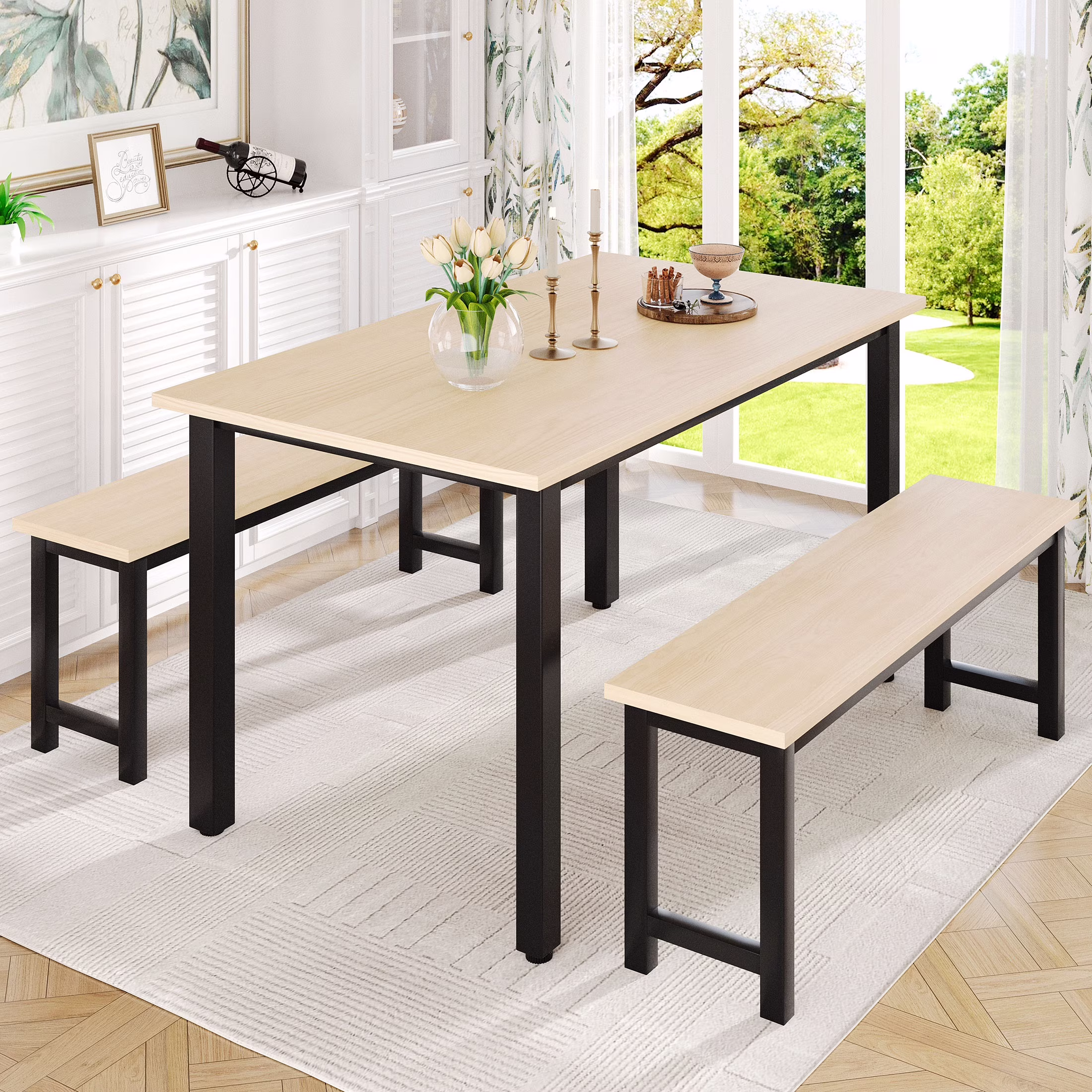 UHOMEPRO Dining Room Table Set, 3-Piece Dining Table Set with 2 Benches, Kitchen Table Set for 4 with Metal Frame, Modern Dining Room Set Furniture Set for Bar Dining Room Breakfast Nook, Black