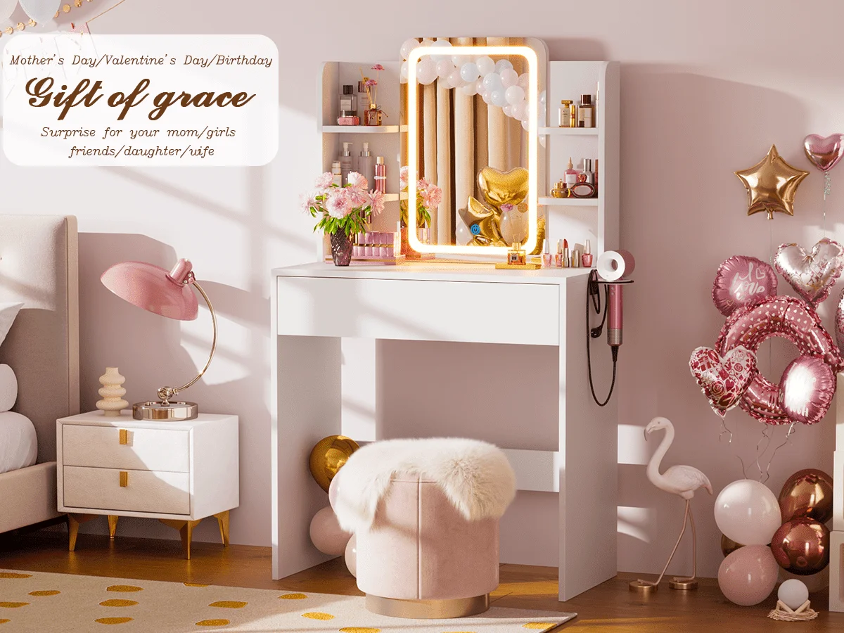 Vanity Table Set with Mirrors and Adjustable Lights ,Makeup vanity With Power Outlet for Bedroom Dressing Room,White