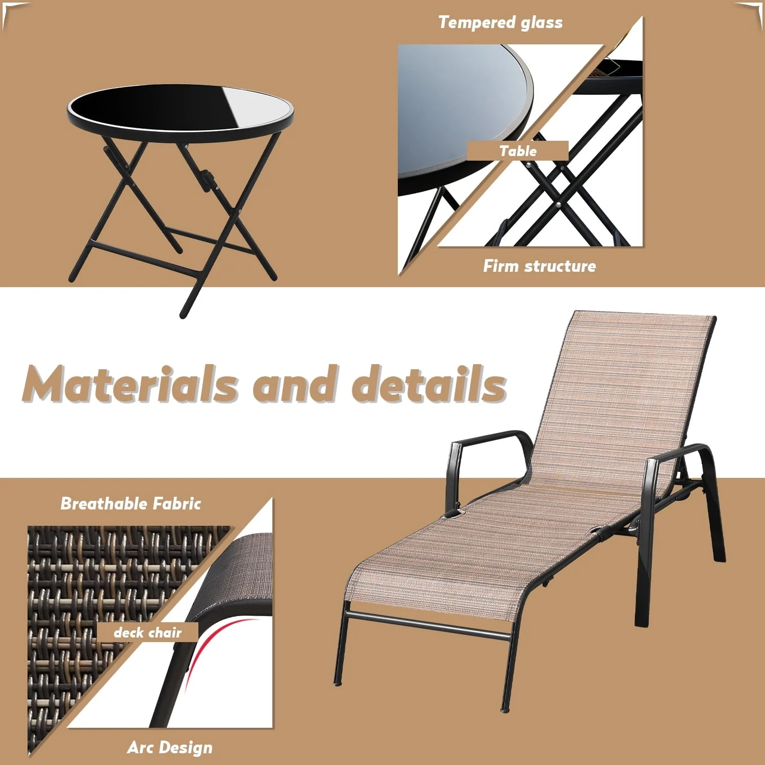 Devoko 3 Pcs Outdoor Chaise Lounge Steel Chair Sets Adjustable Backrest with Tempered Glass, Beige
