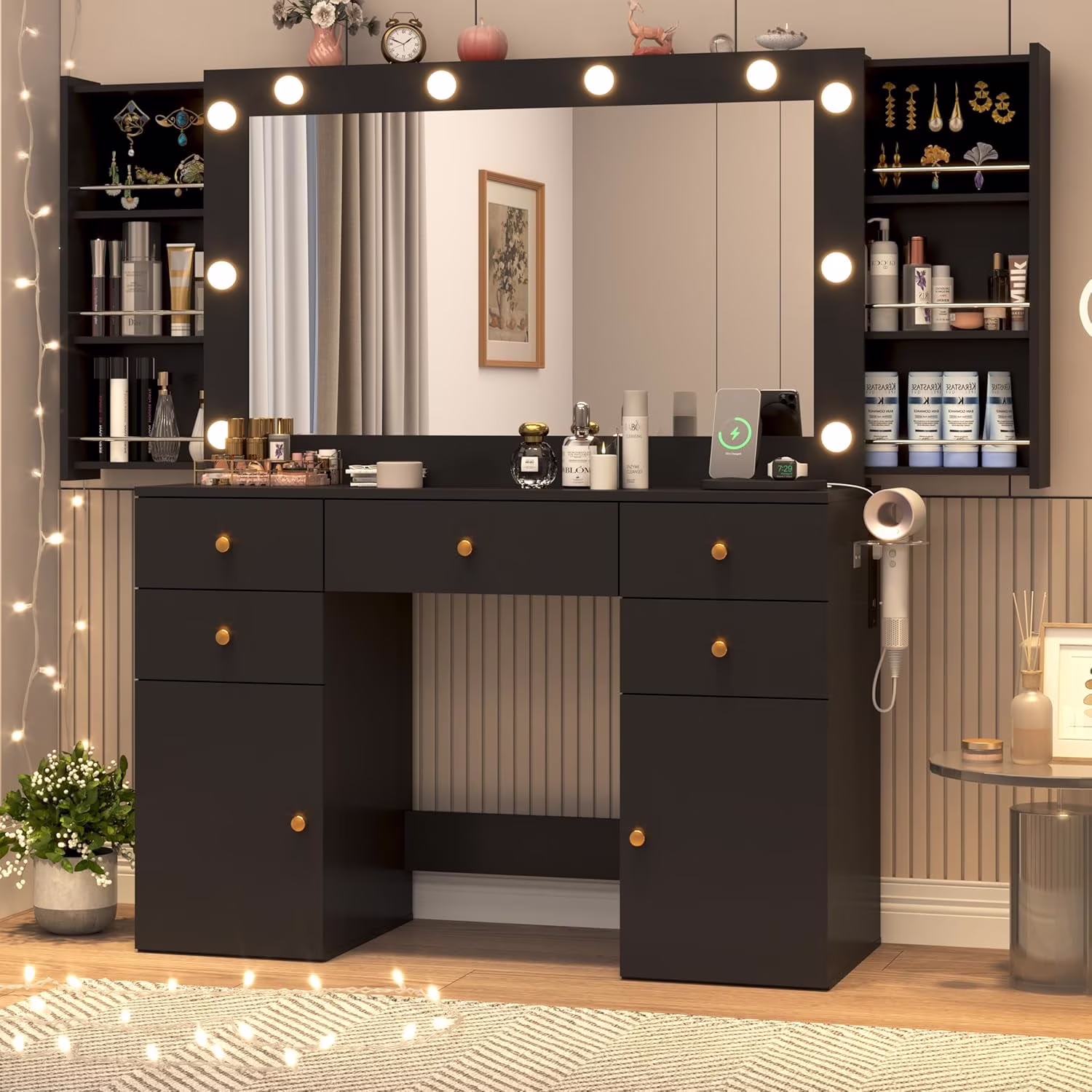 White Vanity Desk with Large Lighted Mirror & Power Outlet, Makeup Vanity Table with Glass Top & Drawers, Sliding Storage, 44.1