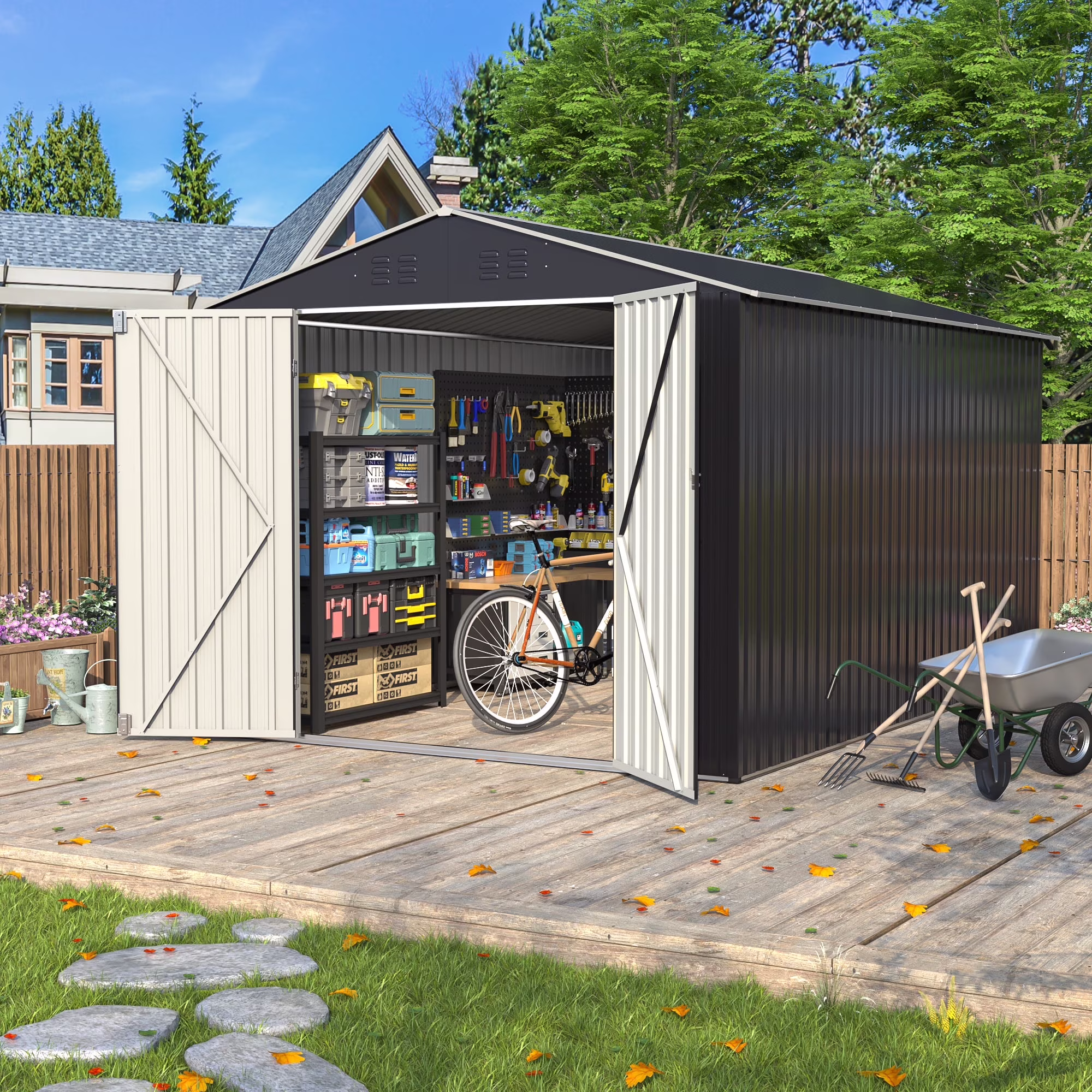 NETAJE 8x12 FT Outdoor Metal Shed with Updated Aluminum Frame, Storage Shed with Lockable Doors & Sliding Roof for Backyard, Garden, Gray