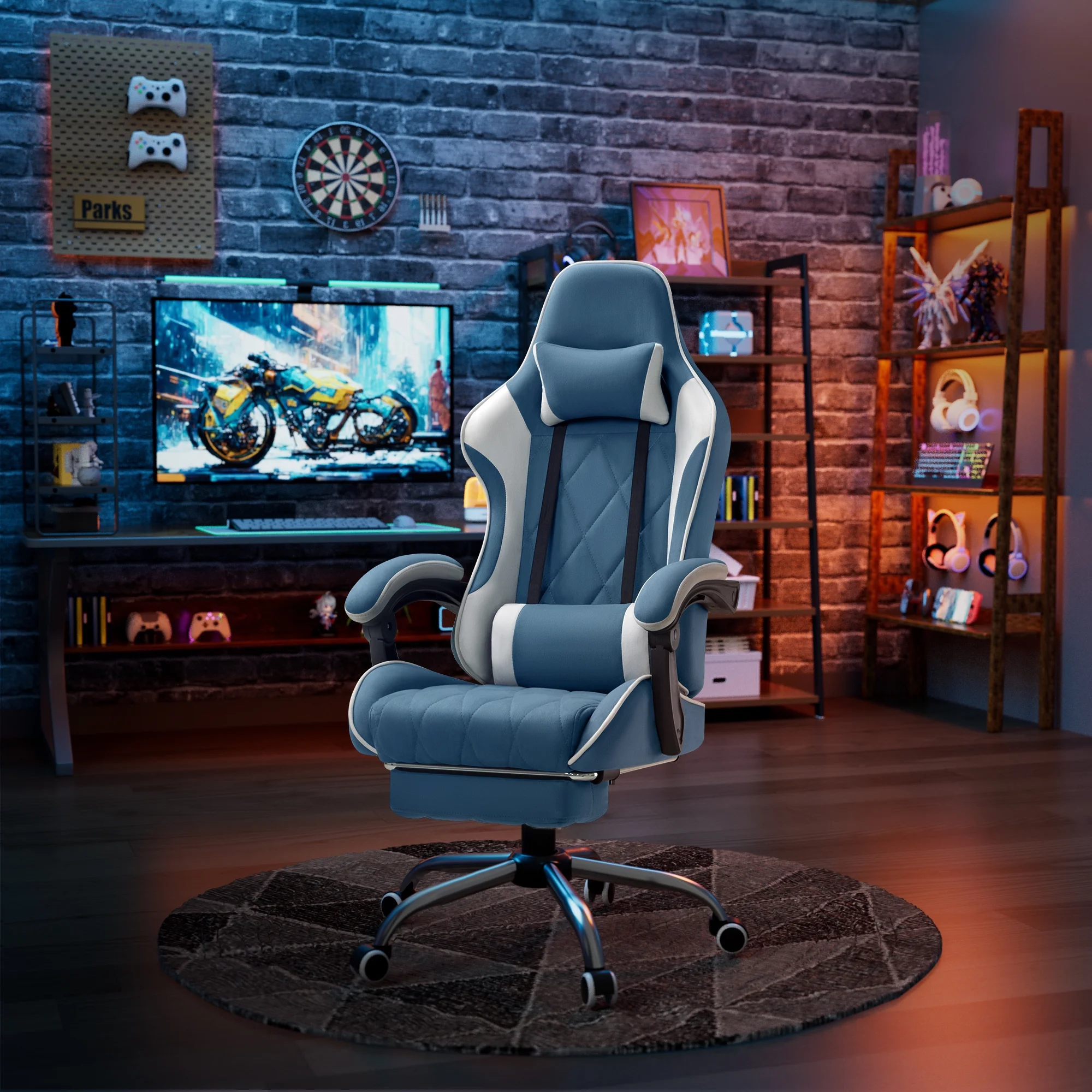 Homall Gaming Chair Fabric Computer Chair Massage Game Chair Cloth Office Chair with Headrest, Lumbar Support & Footrest,Gray