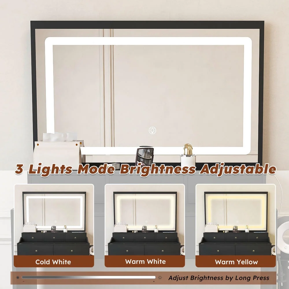 Kadyn Vanity Desk with Lighted Mirror, Vanity Table and Chair Set with 2 Drawers, Dressing Table Makeup Desk with 1 Door, Retro Gray