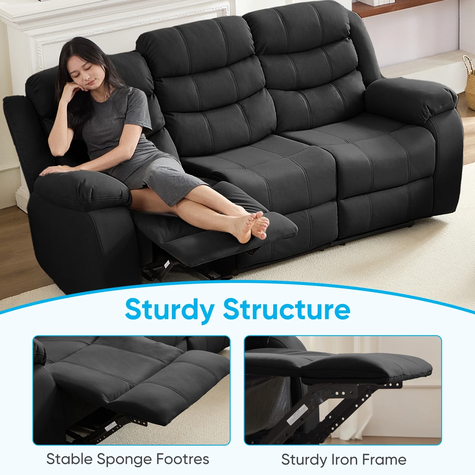 MUZZ Modern Reclining Sofa ,3-Seater Recliner Sofa with Cup Holders, Flip-Up Storage, Reversible Backrest and Footrest, Gray