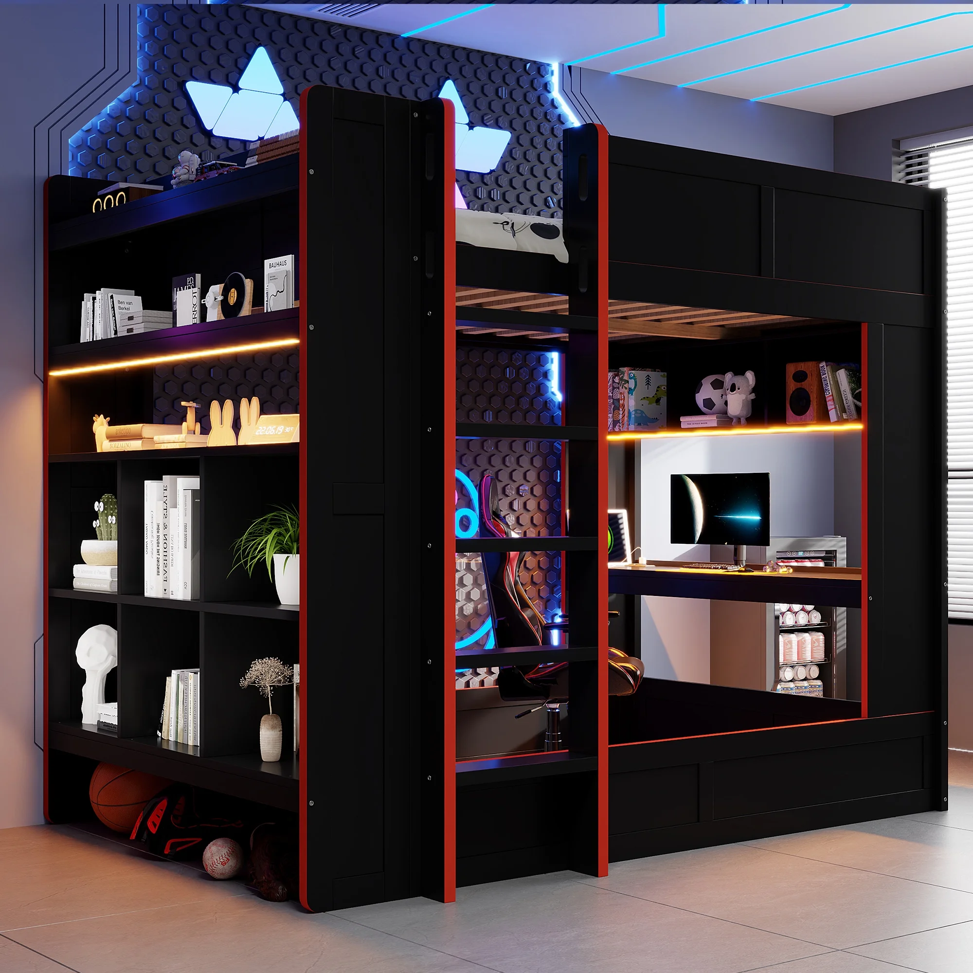 Euroco Wood Full Size Loft Bed with Desk and Shelves, Gaming Bunk Bed with LED Light and USB Charging, Black