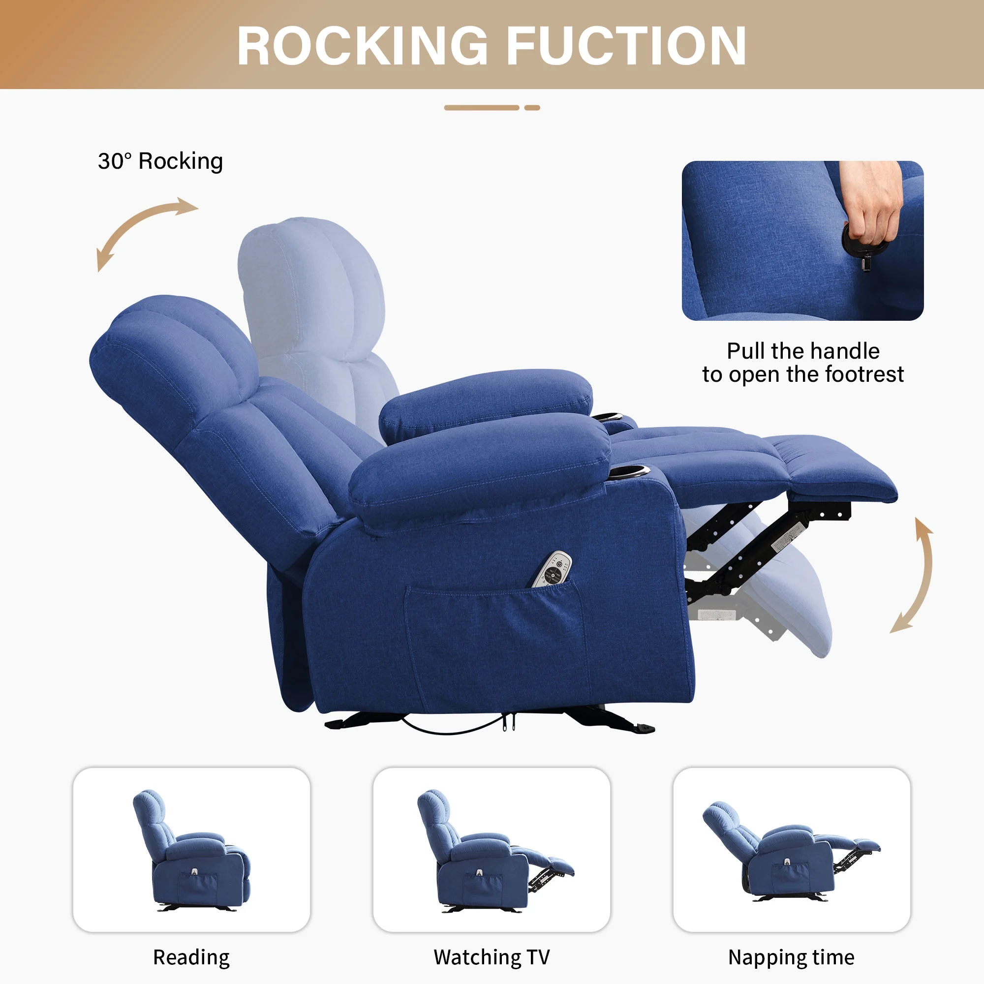 JONPONY Manual Recliner Chair with Heat Therapy and Massage Function, Heavy Duty Reclining Mechanism Massage Chair, Elderly Single Rocker Sofa with Cup Holders for Bedroom Home Theater,Grey